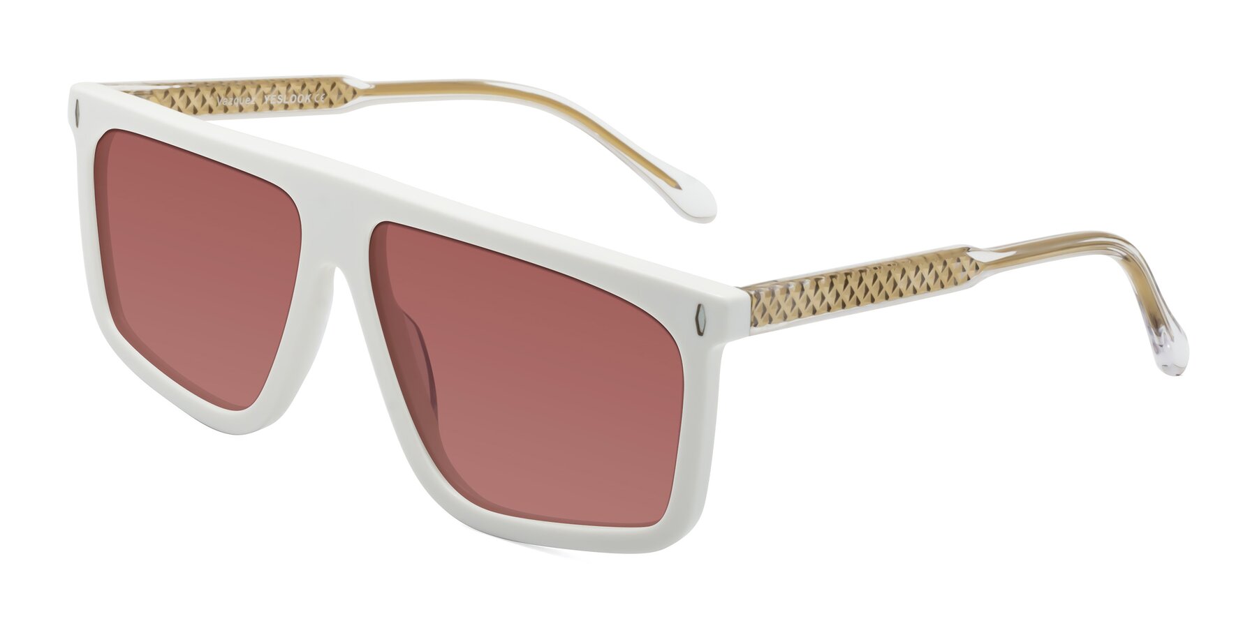 Angle of Vazquez in White/Gold with Garnet Tinted Lenses