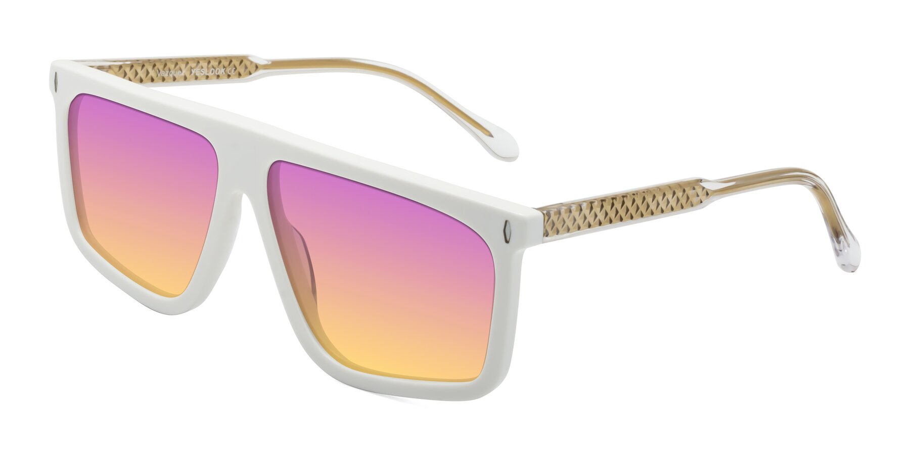 Angle of Vazquez in White/Gold with Purple / Yellow Gradient Lenses