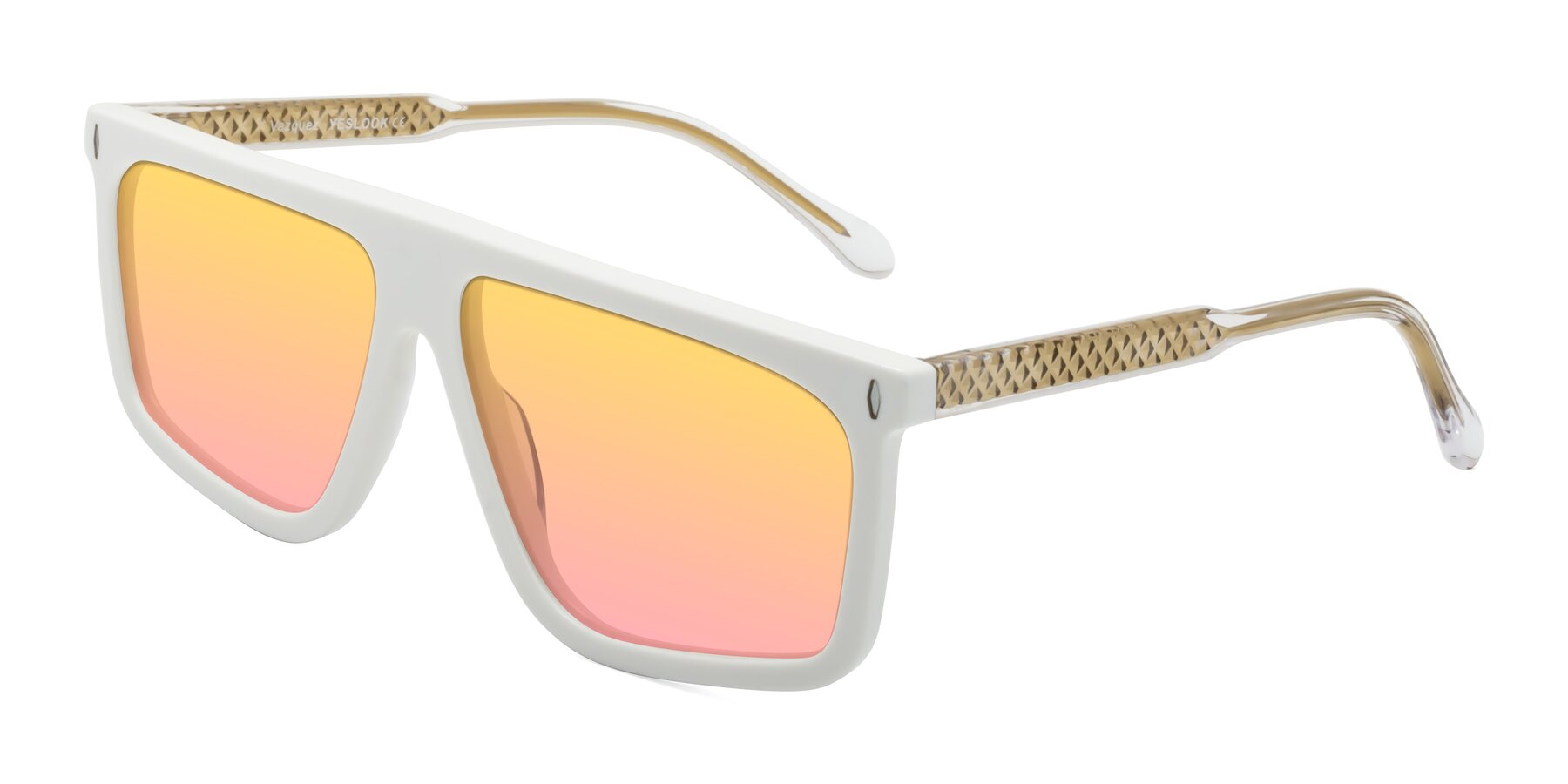 Angle of Vazquez in White/Gold with Yellow / Pink Gradient Lenses
