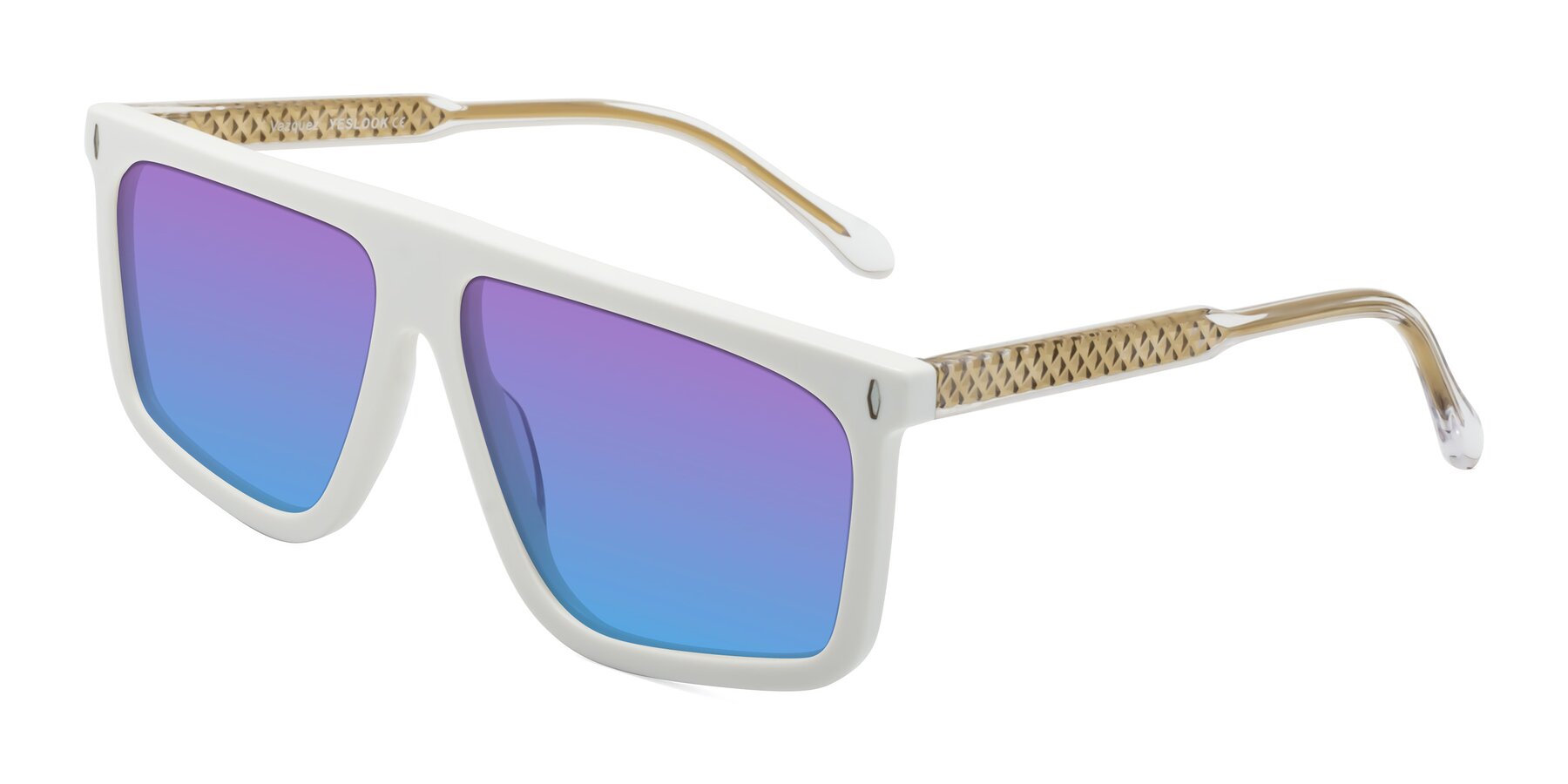 Angle of Vazquez in White/Gold with Purple / Blue Gradient Lenses