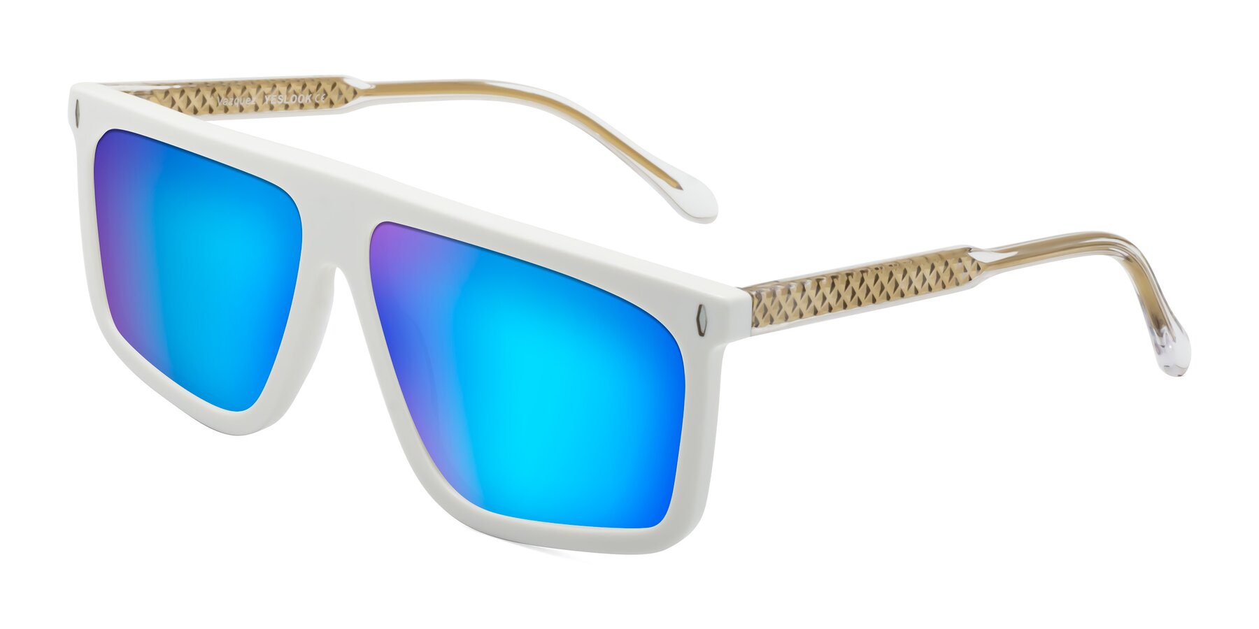 Angle of Vazquez in White/Gold with Blue Mirrored Lenses
