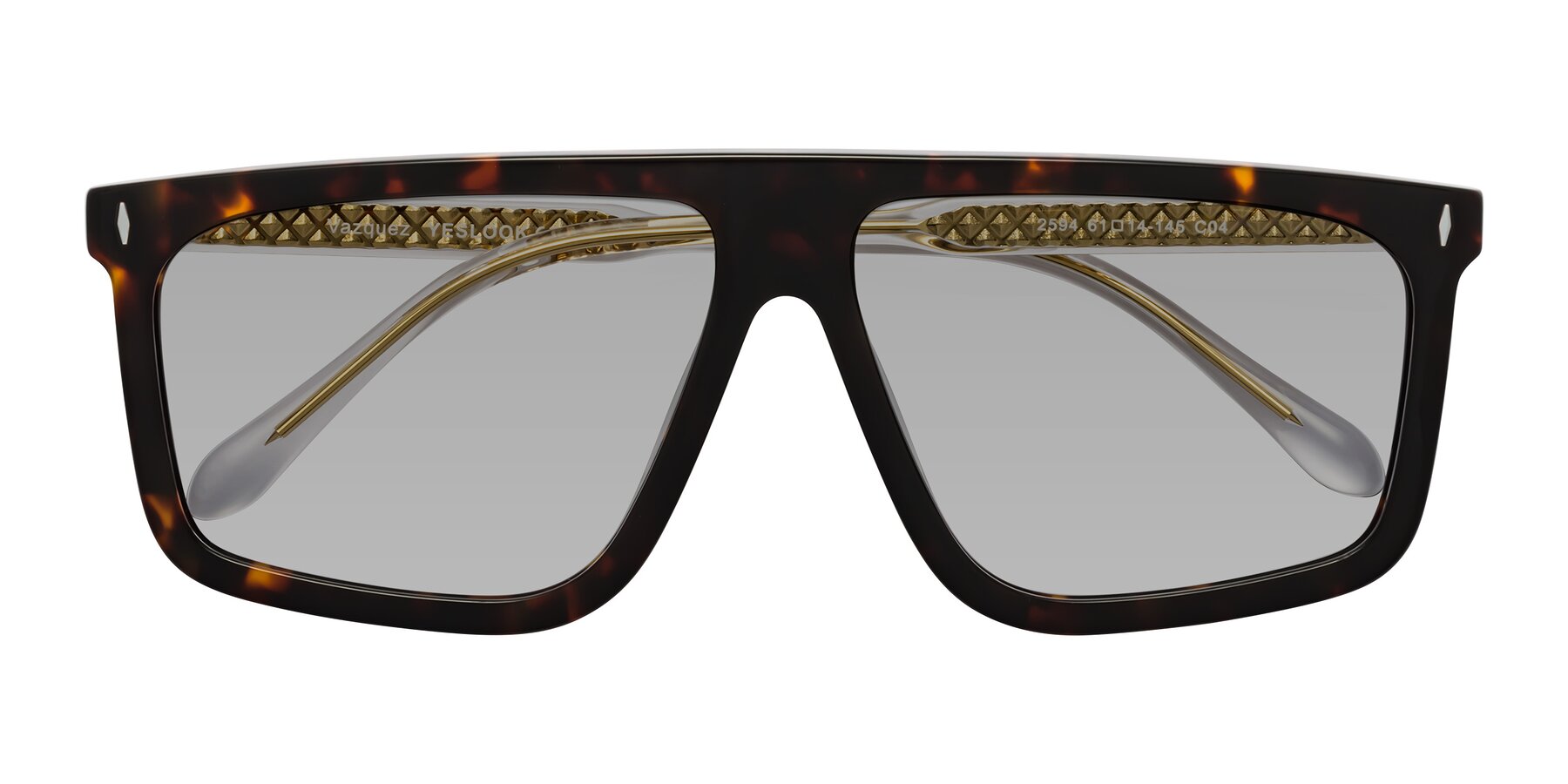Folded Front of Vazquez in Tortoise/Gold with Light Gray Tinted Lenses