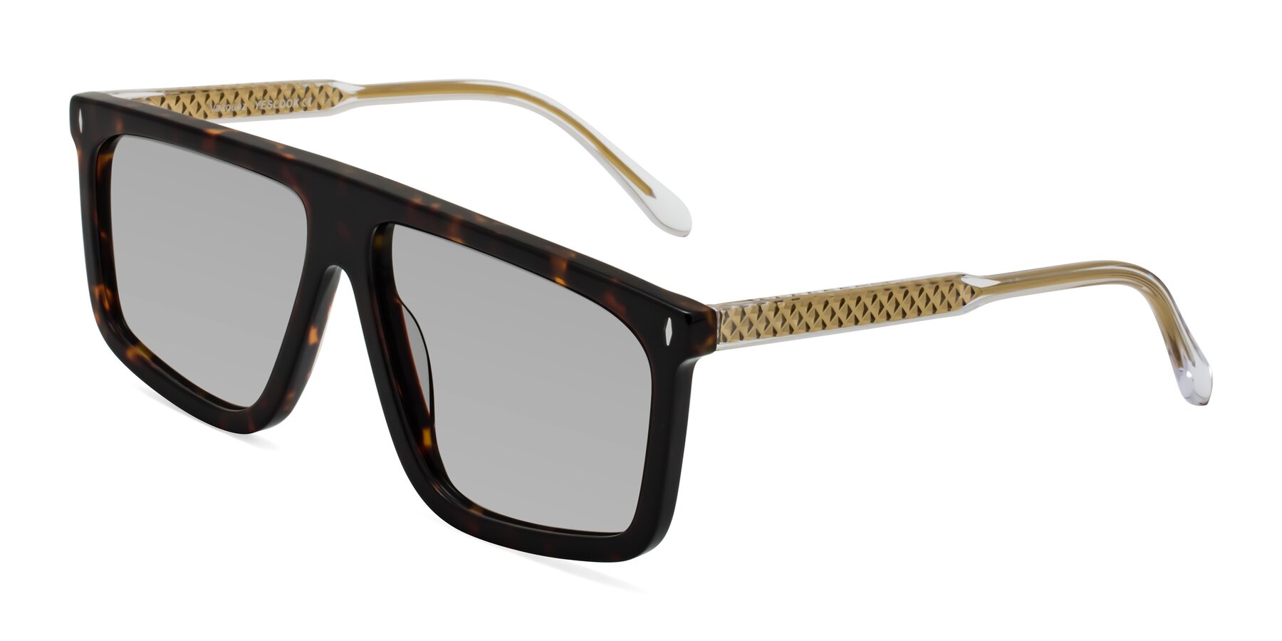 Angle of Vazquez in Tortoise/Gold with Light Gray Tinted Lenses