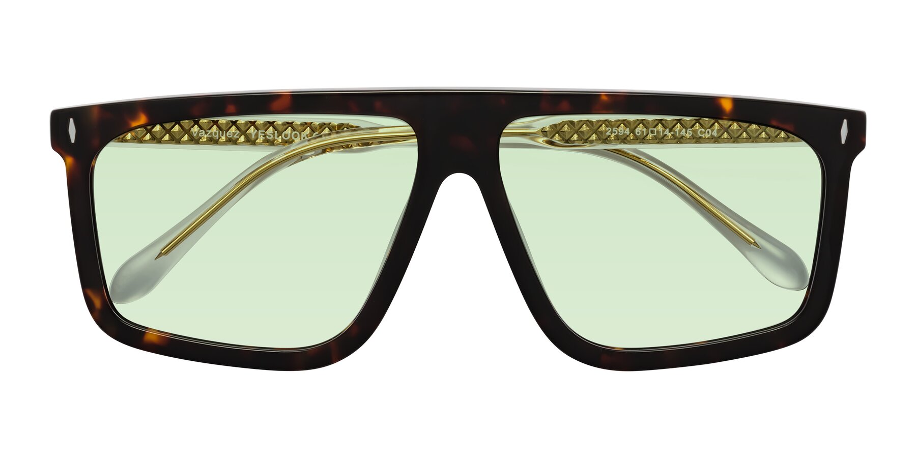 Folded Front of Vazquez in Tortoise/Gold with Light Green Tinted Lenses