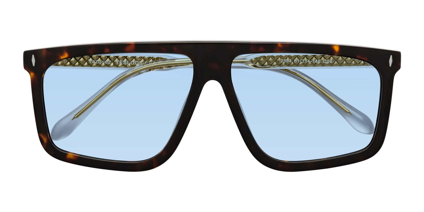 Folded Front of Vazquez in Tortoise/Gold with Light Blue Tinted Lenses