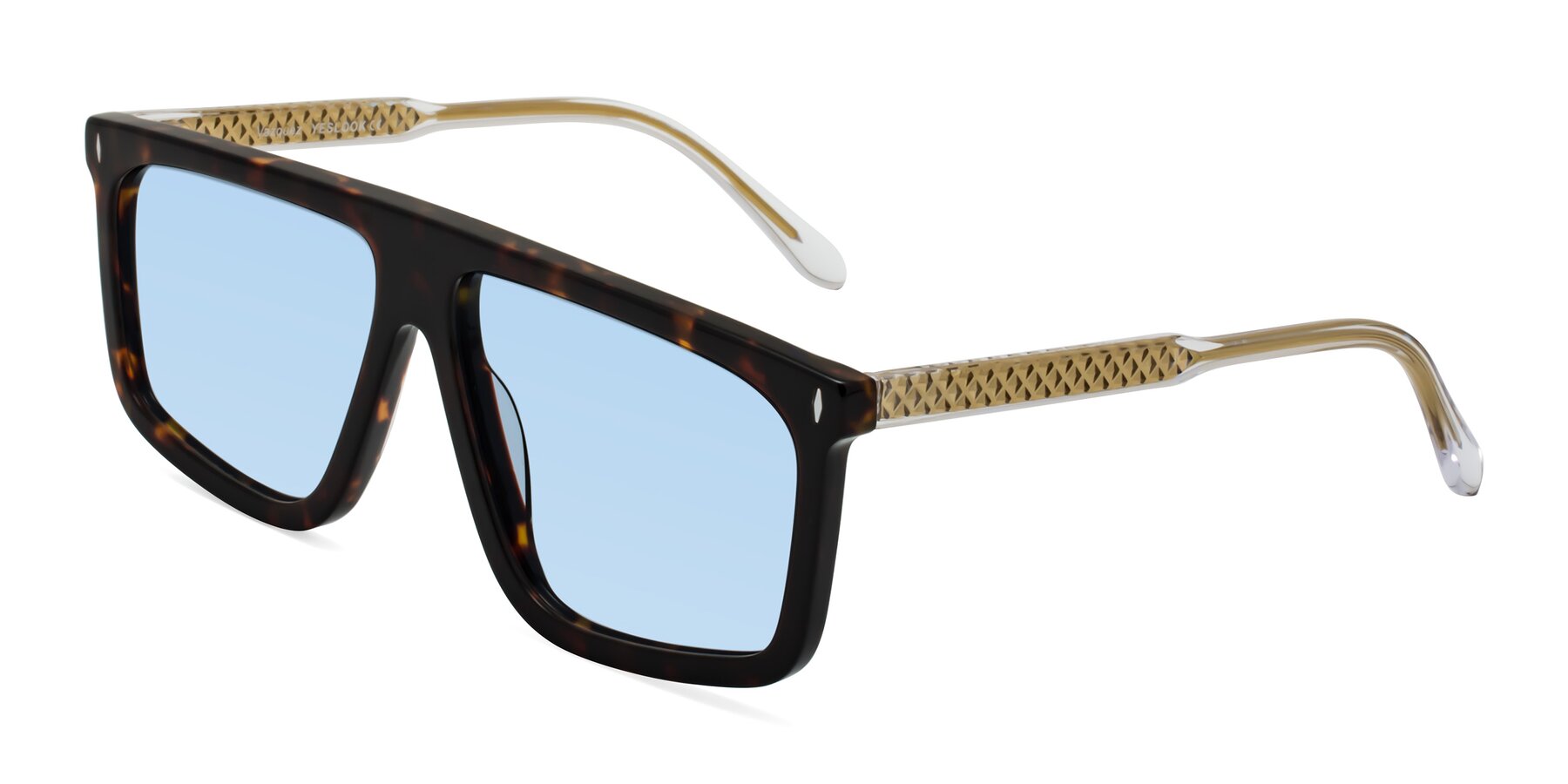Angle of Vazquez in Tortoise/Gold with Light Blue Tinted Lenses