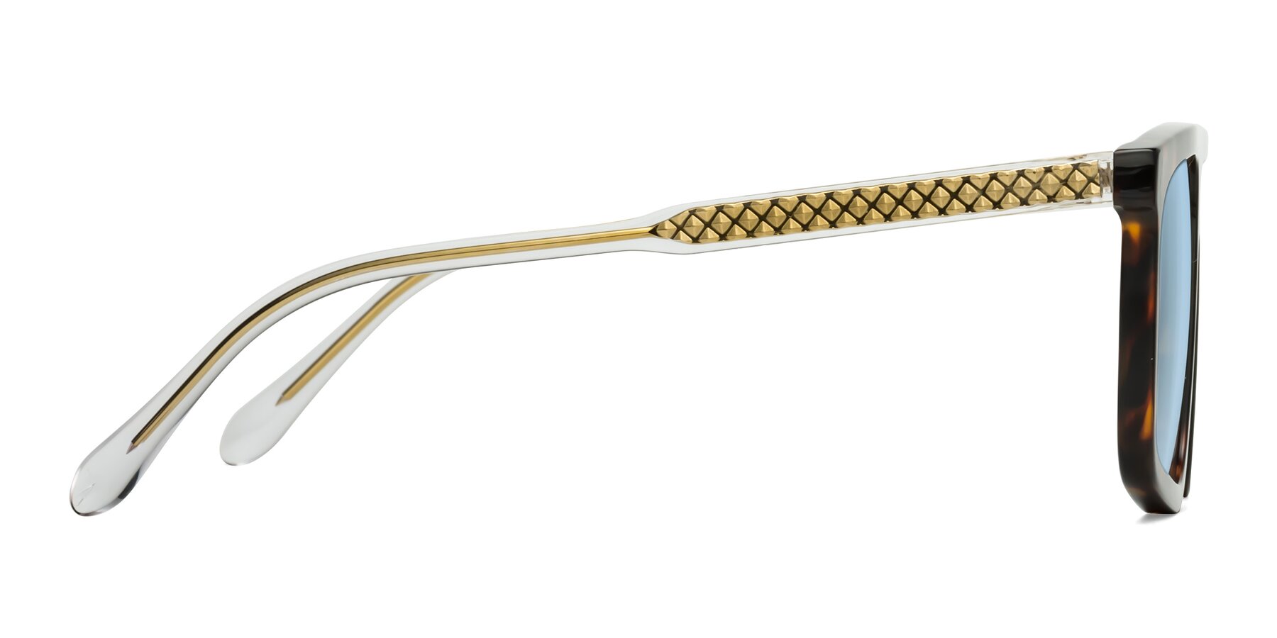 Side of Vazquez in Tortoise/Gold with Light Blue Tinted Lenses