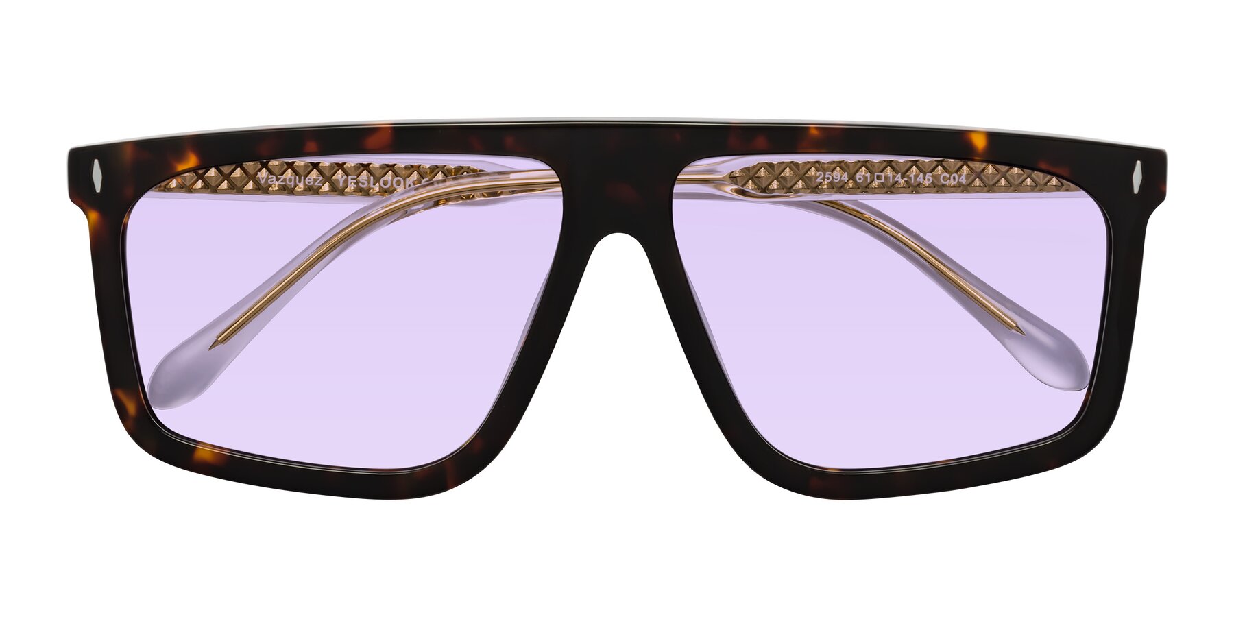 Folded Front of Vazquez in Tortoise/Gold with Light Purple Tinted Lenses