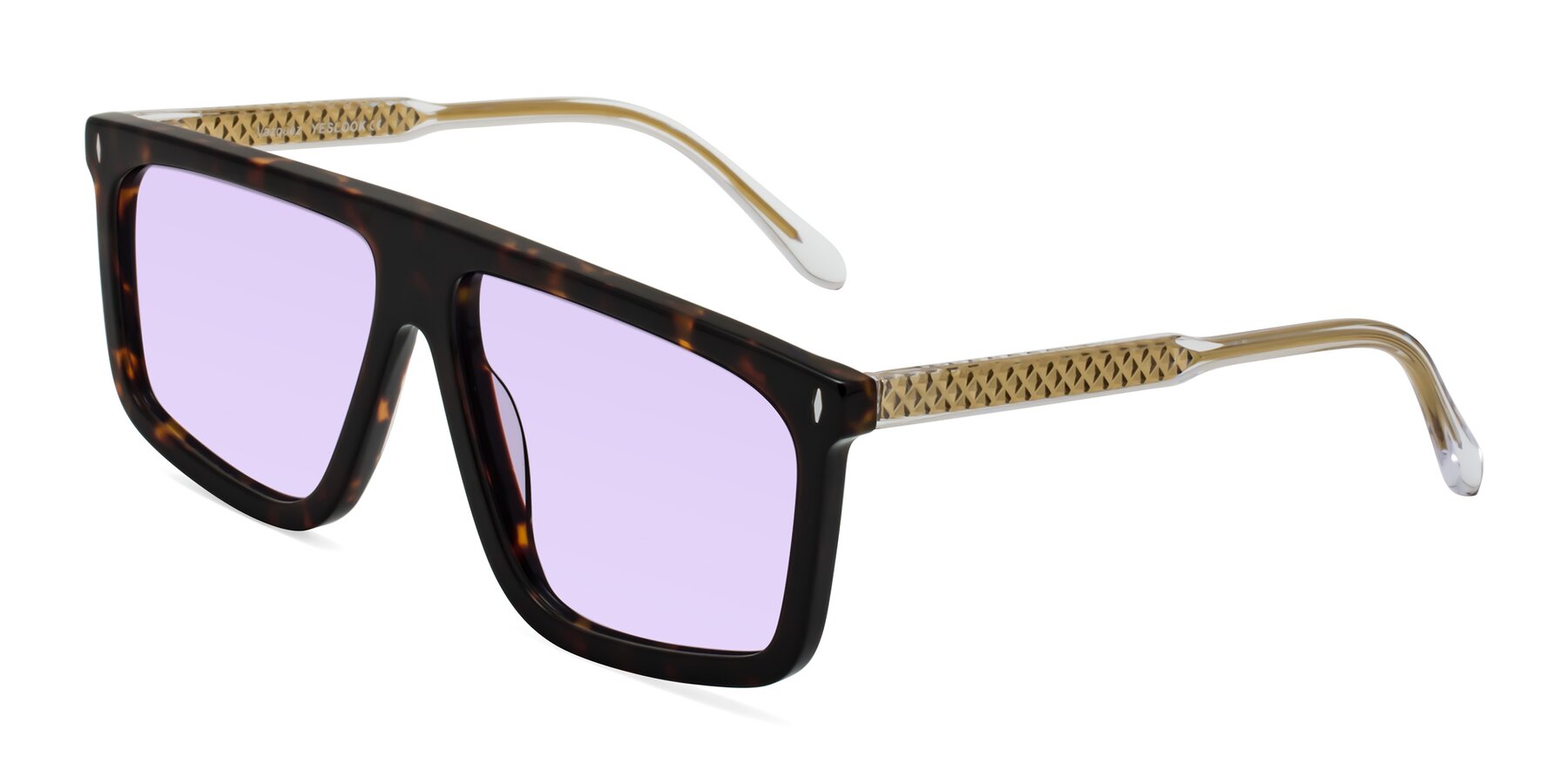 Angle of Vazquez in Tortoise/Gold with Light Purple Tinted Lenses