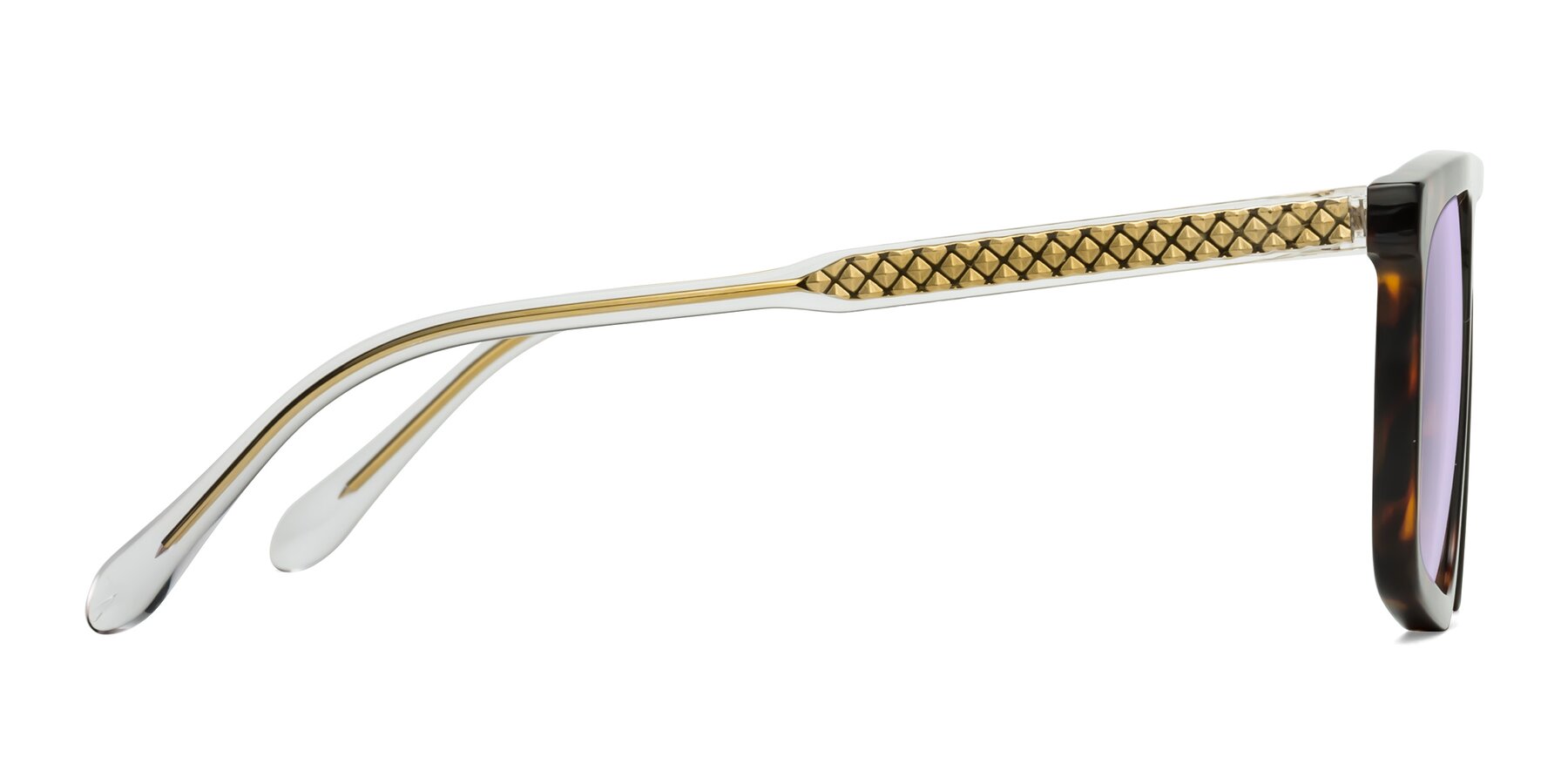 Side of Vazquez in Tortoise/Gold with Light Purple Tinted Lenses
