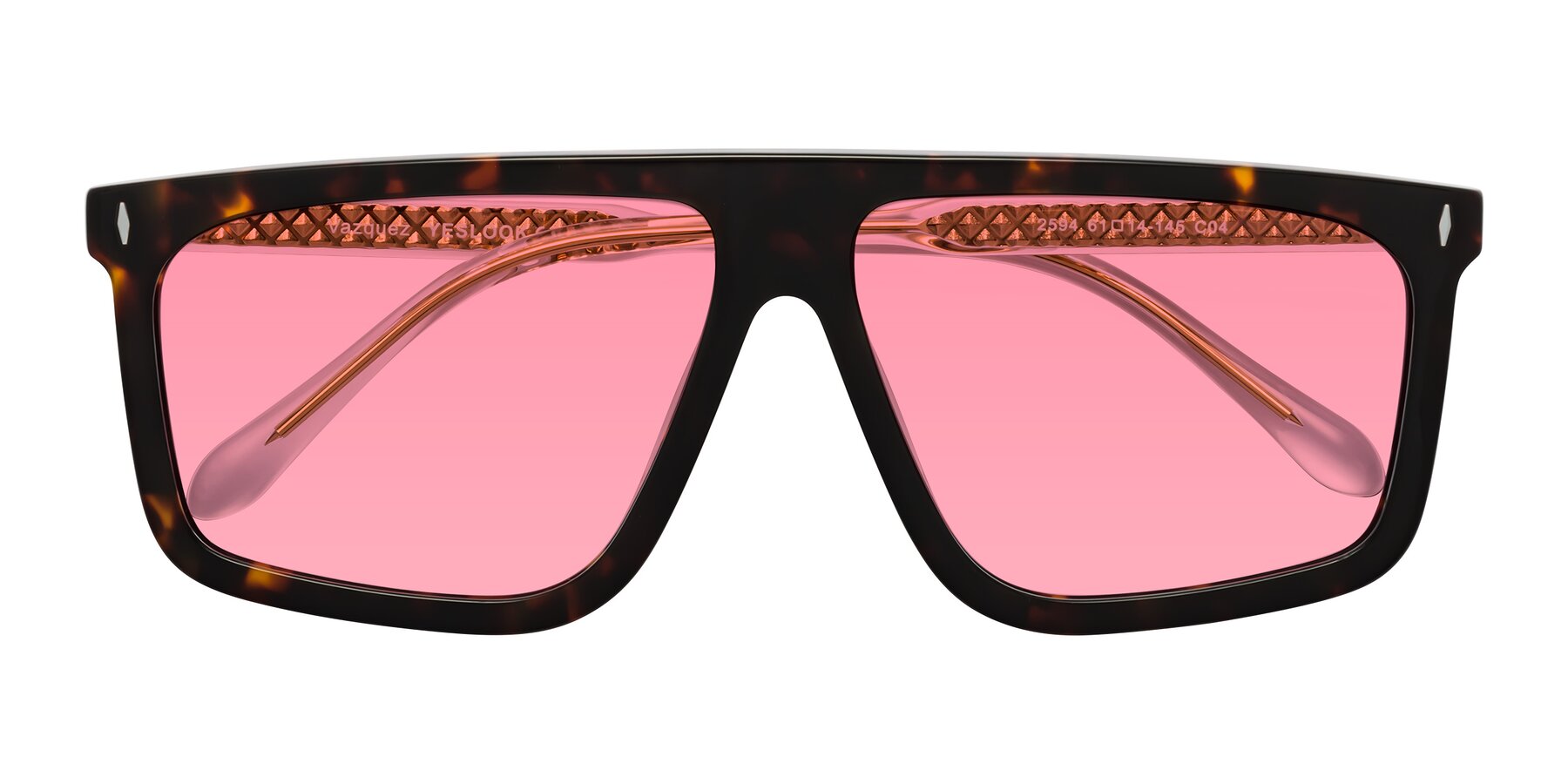 Folded Front of Vazquez in Tortoise/Gold with Pink Tinted Lenses