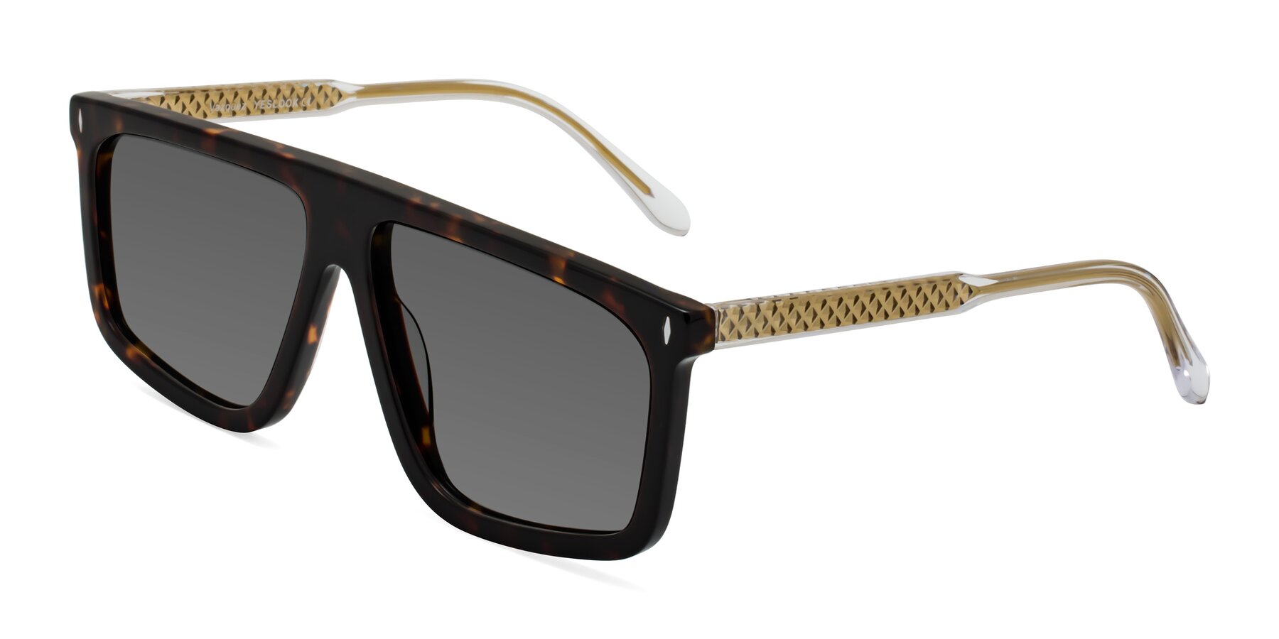 Angle of Vazquez in Tortoise/Gold with Medium Gray Tinted Lenses