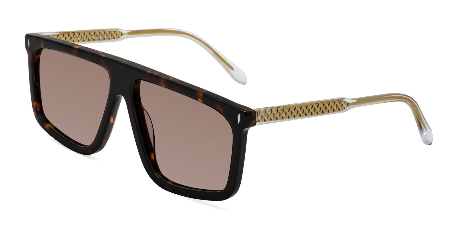 Angle of Vazquez in Tortoise/Gold with Medium Brown Tinted Lenses