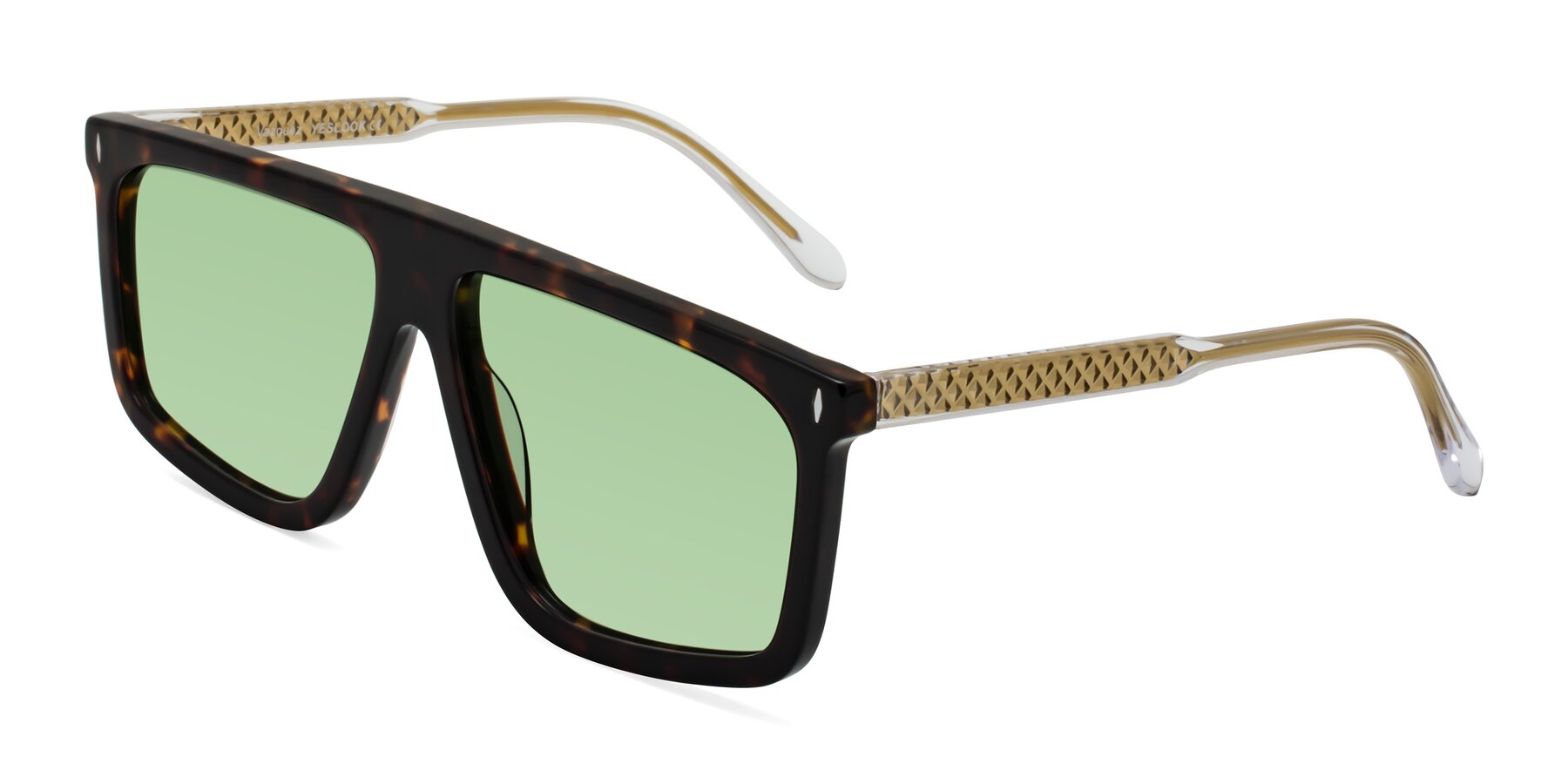 Angle of Vazquez in Tortoise/Gold with Medium Green Tinted Lenses