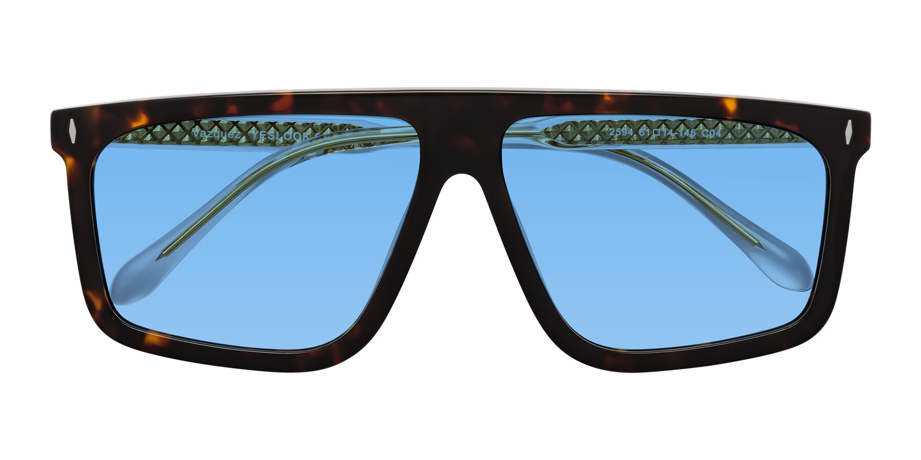 Folded Front of Vazquez in Tortoise/Gold with Medium Blue Tinted Lenses