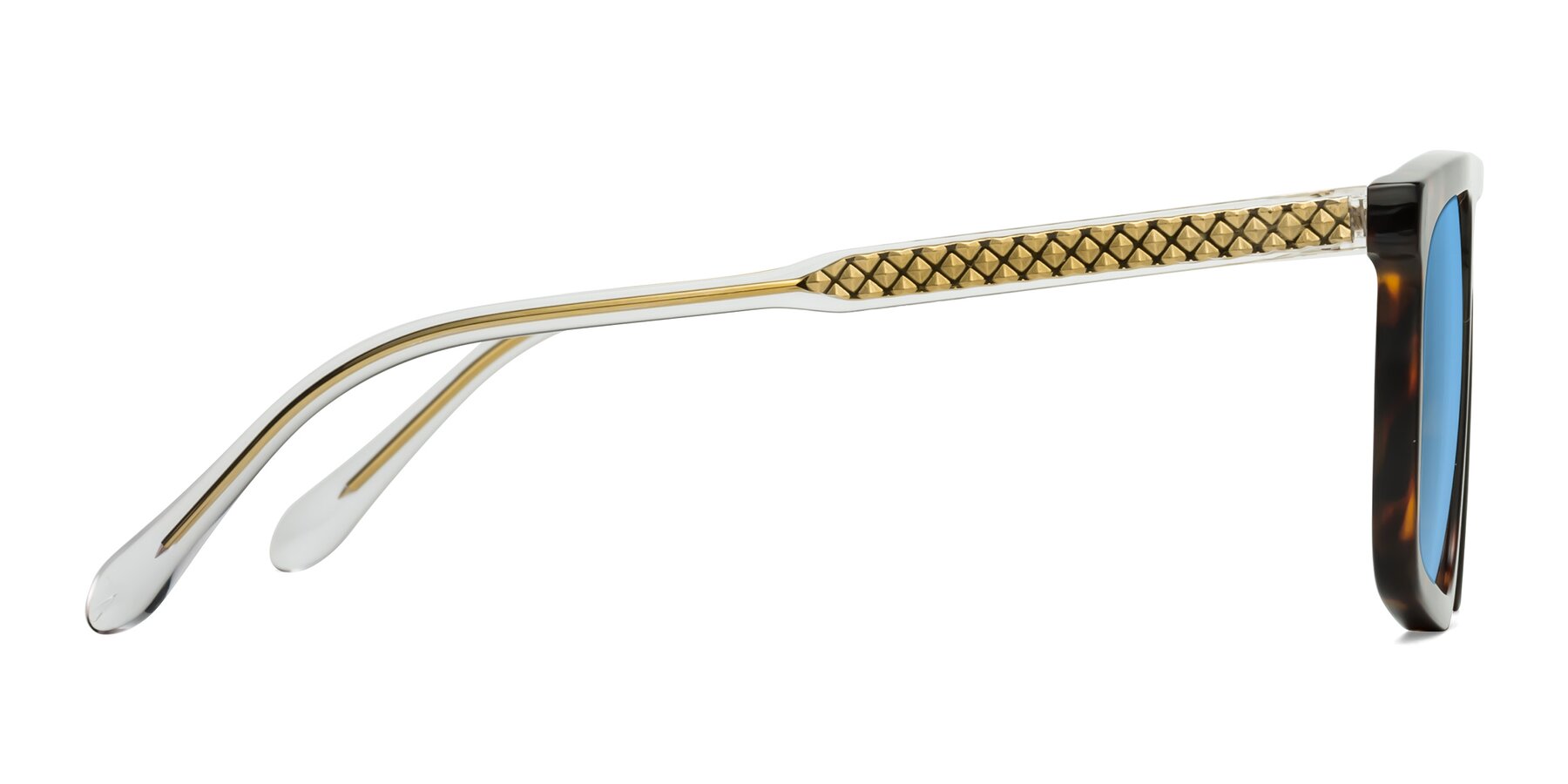 Side of Vazquez in Tortoise/Gold with Medium Blue Tinted Lenses