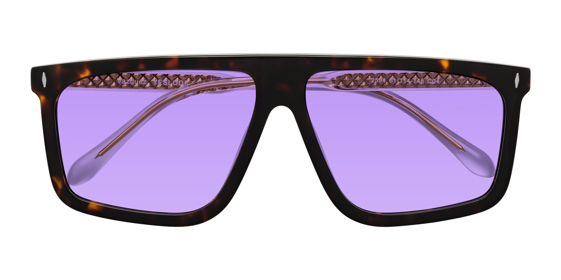 Folded Front of Vazquez in Tortoise/Gold with Medium Purple Tinted Lenses