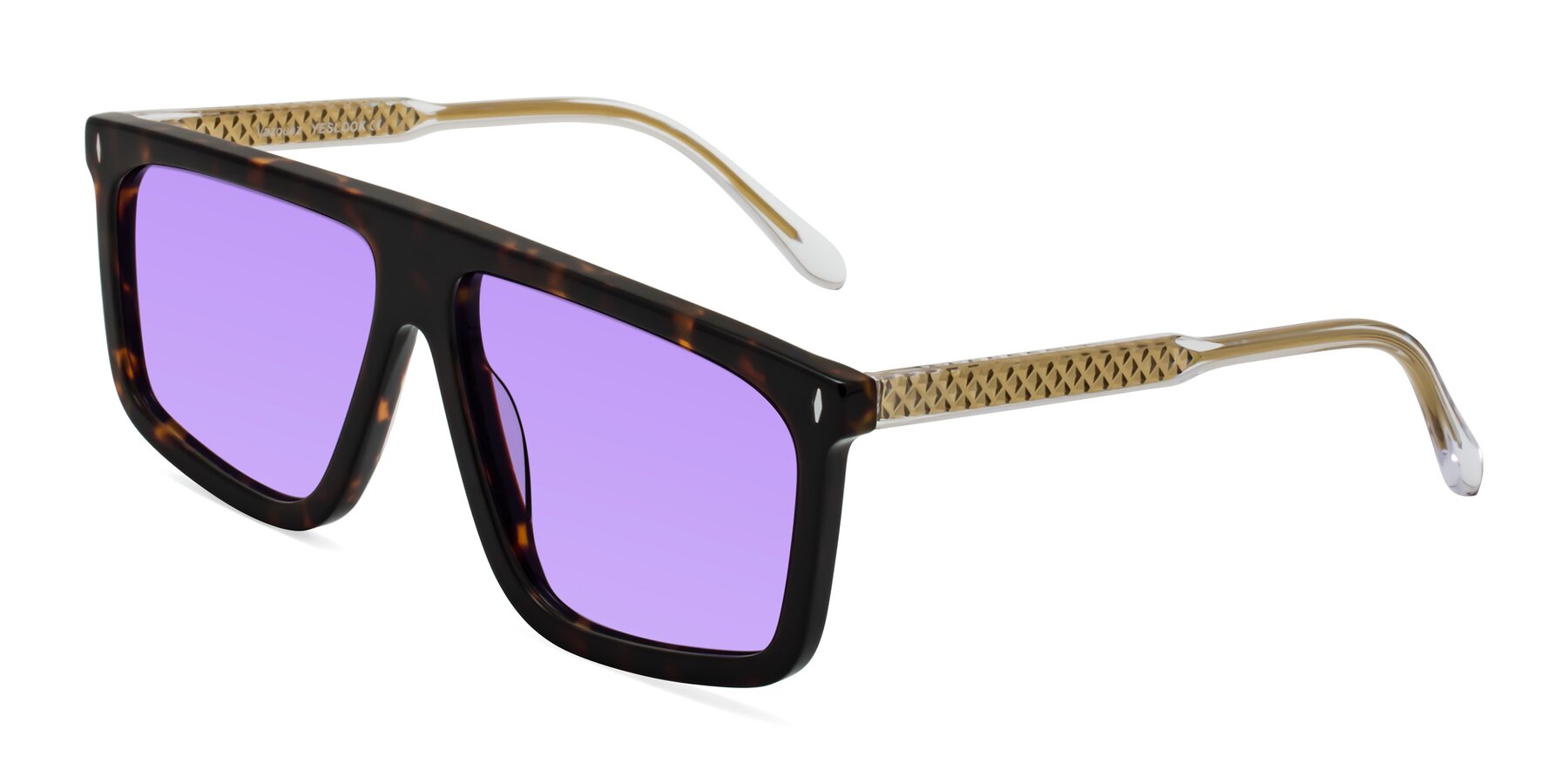 Angle of Vazquez in Tortoise/Gold with Medium Purple Tinted Lenses