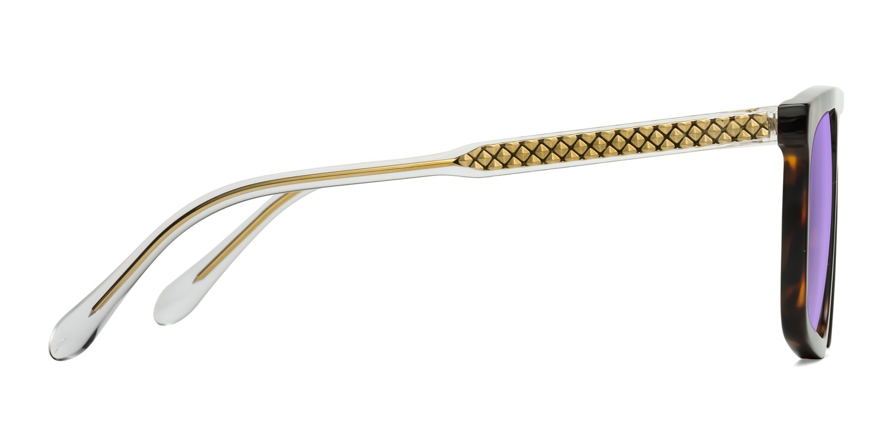 Side of Vazquez in Tortoise/Gold with Medium Purple Tinted Lenses