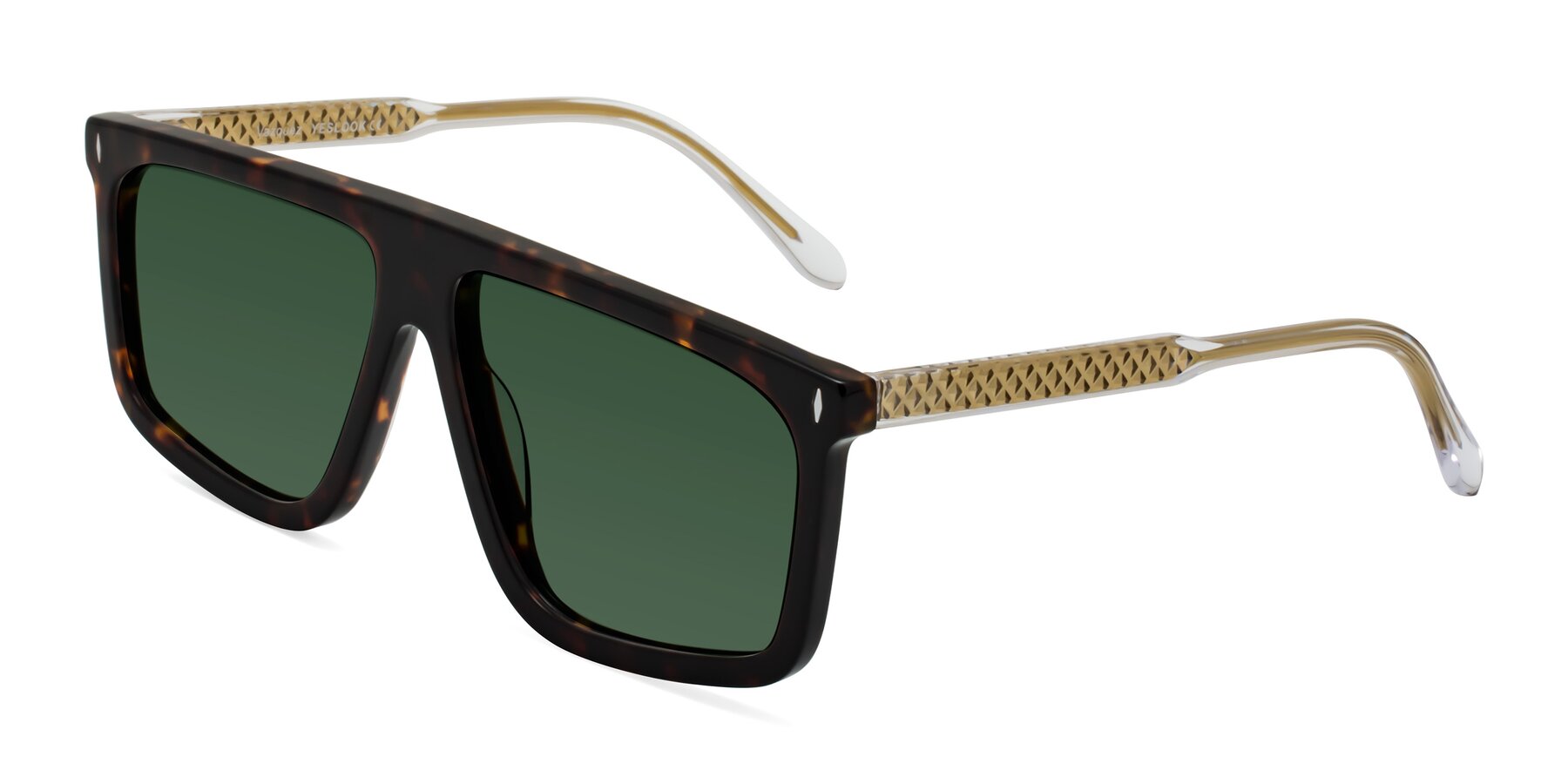 Angle of Vazquez in Tortoise/Gold with Green Tinted Lenses