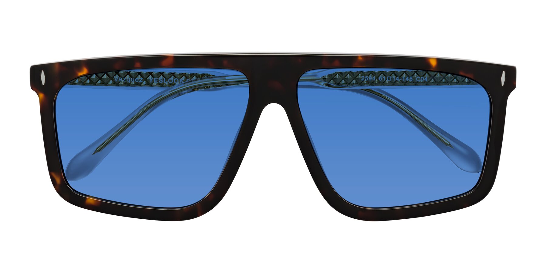 Folded Front of Vazquez in Tortoise/Gold with Blue Tinted Lenses
