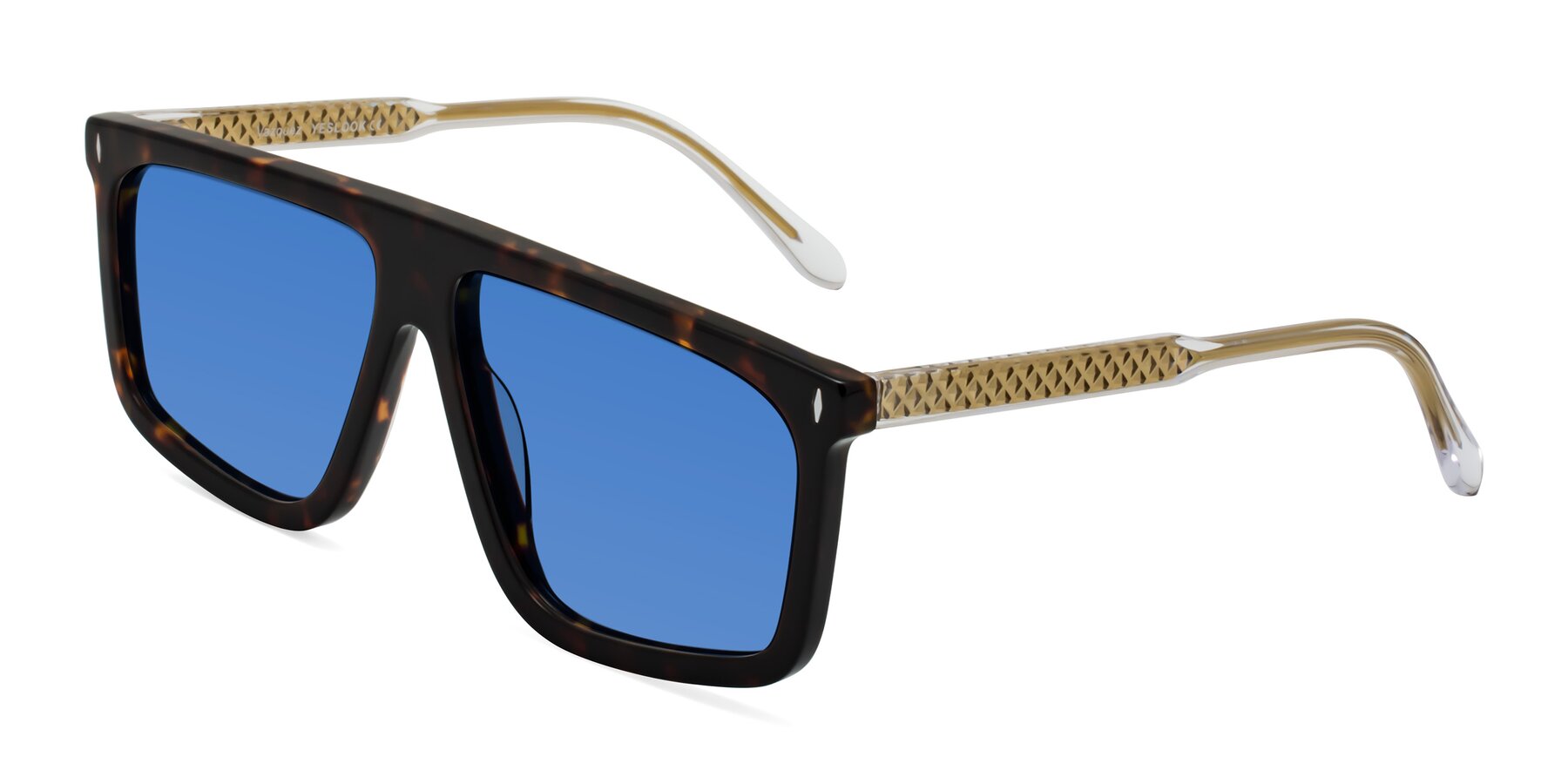 Angle of Vazquez in Tortoise/Gold with Blue Tinted Lenses