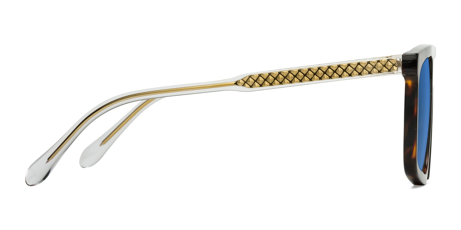 Side of Vazquez in Tortoise/Gold with Blue Tinted Lenses