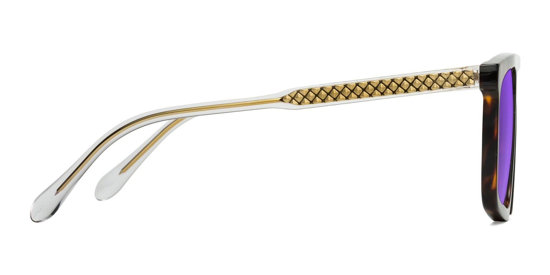 Side of Vazquez in Tortoise/Gold with Purple Tinted Lenses