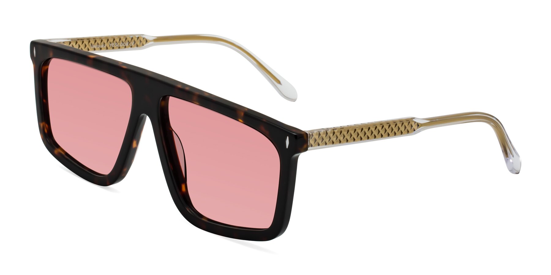 Angle of Vazquez in Tortoise/Gold with Medium Garnet Tinted Lenses