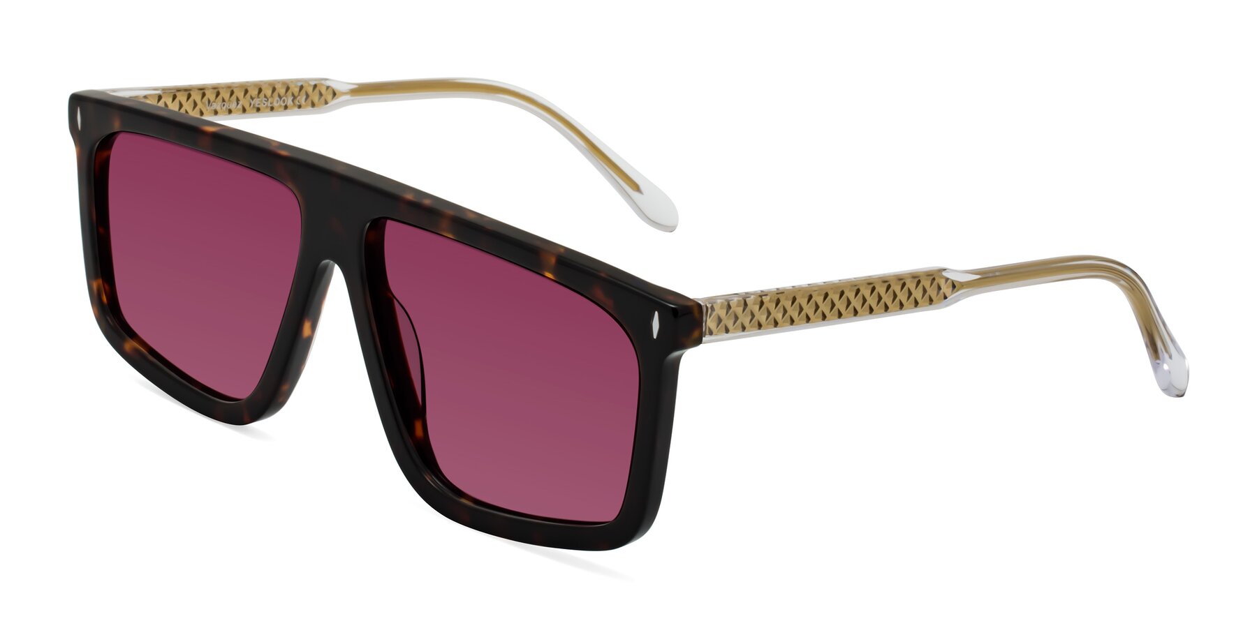 Angle of Vazquez in Tortoise/Gold with Wine Tinted Lenses