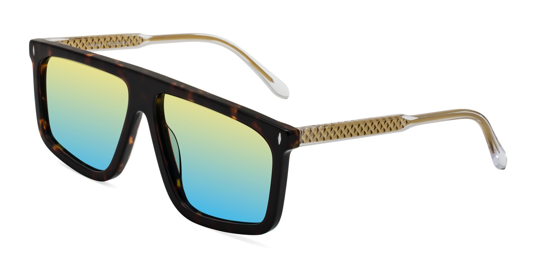 Angle of Vazquez in Tortoise/Gold with Yellow / Blue Gradient Lenses