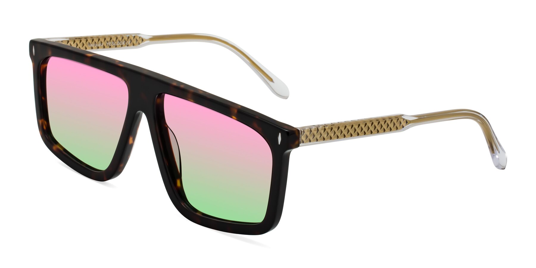 Angle of Vazquez in Tortoise/Gold with Pink / Green Gradient Lenses