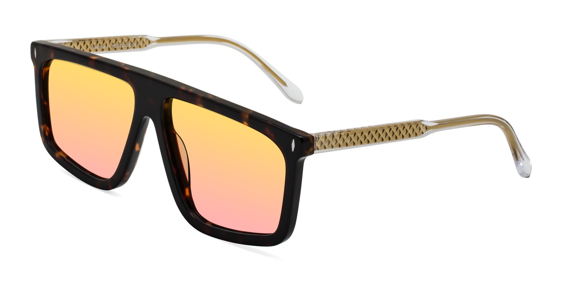 Angle of Vazquez in Tortoise/Gold with Yellow / Pink Gradient Lenses