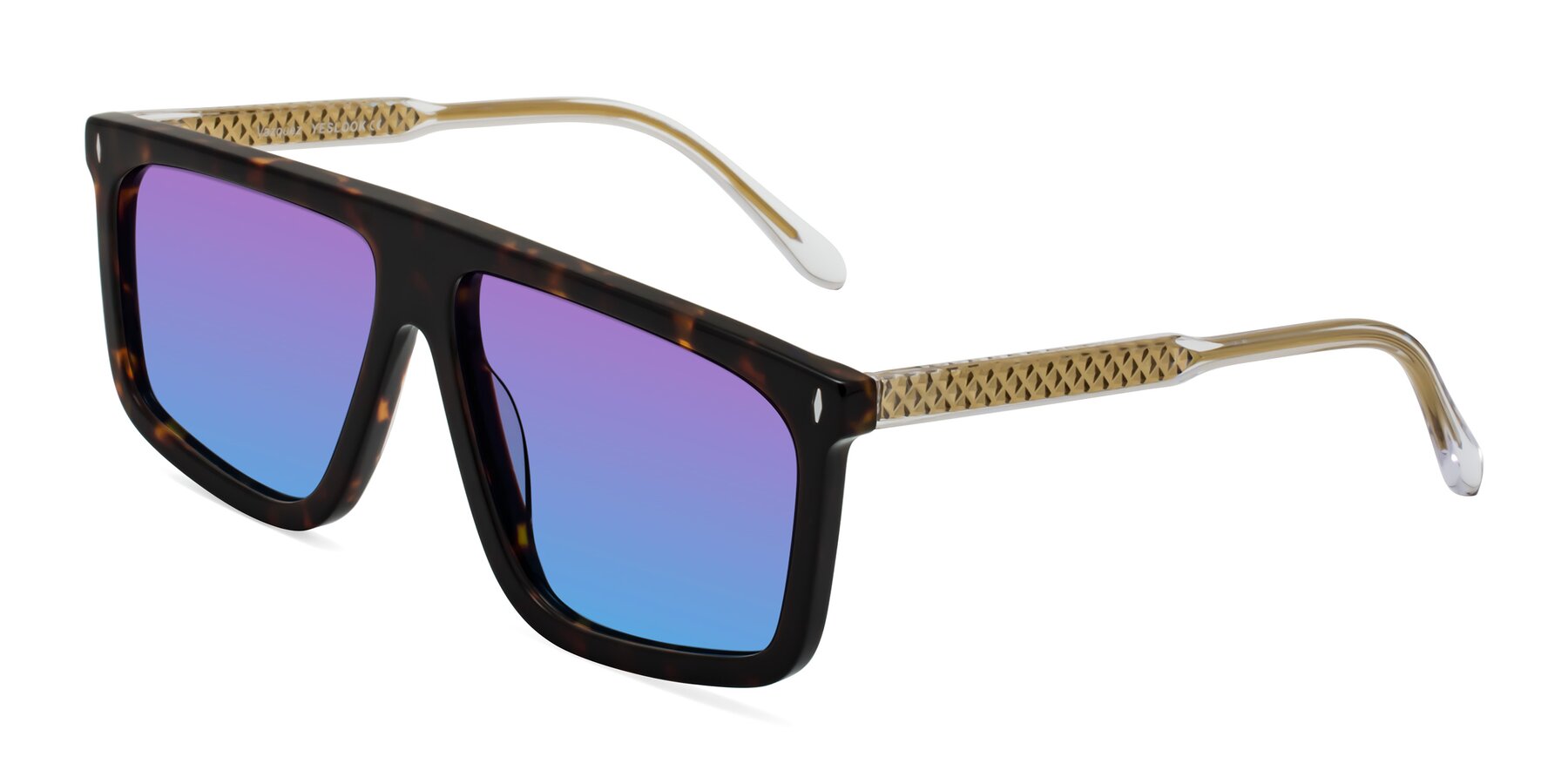 Angle of Vazquez in Tortoise/Gold with Purple / Blue Gradient Lenses
