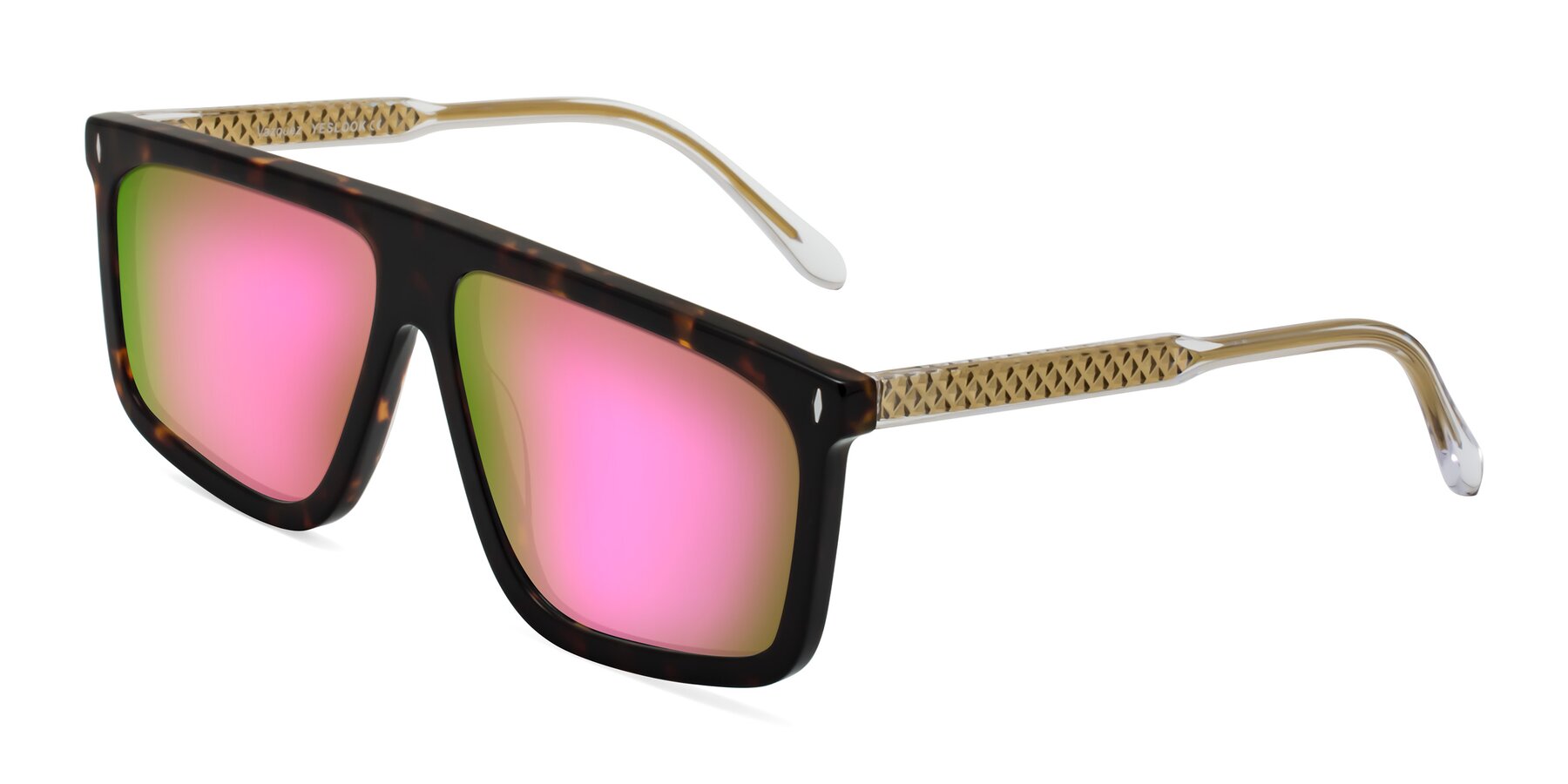 Angle of Vazquez in Tortoise/Gold with Pink Mirrored Lenses