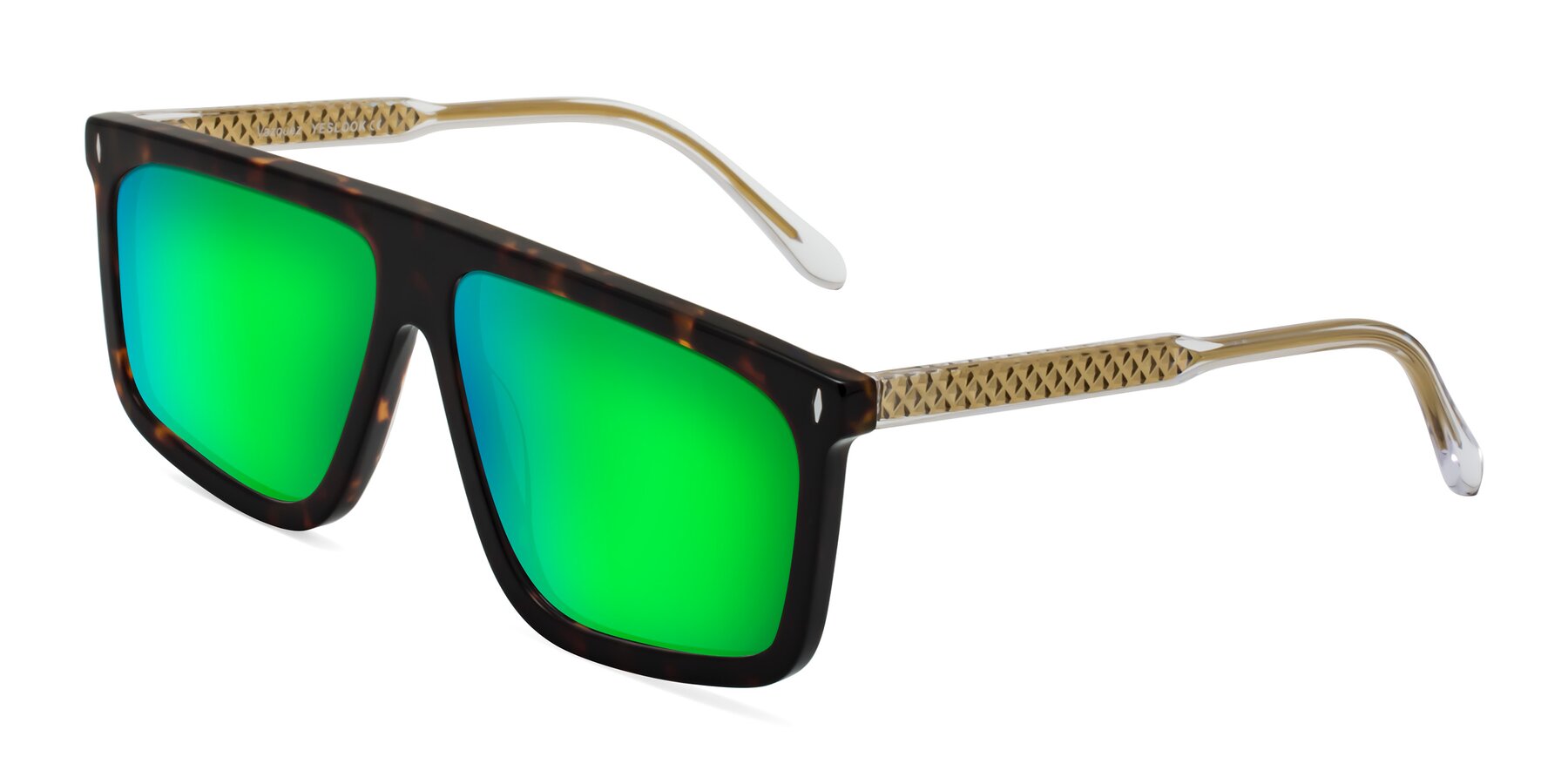 Angle of Vazquez in Tortoise/Gold with Green Mirrored Lenses