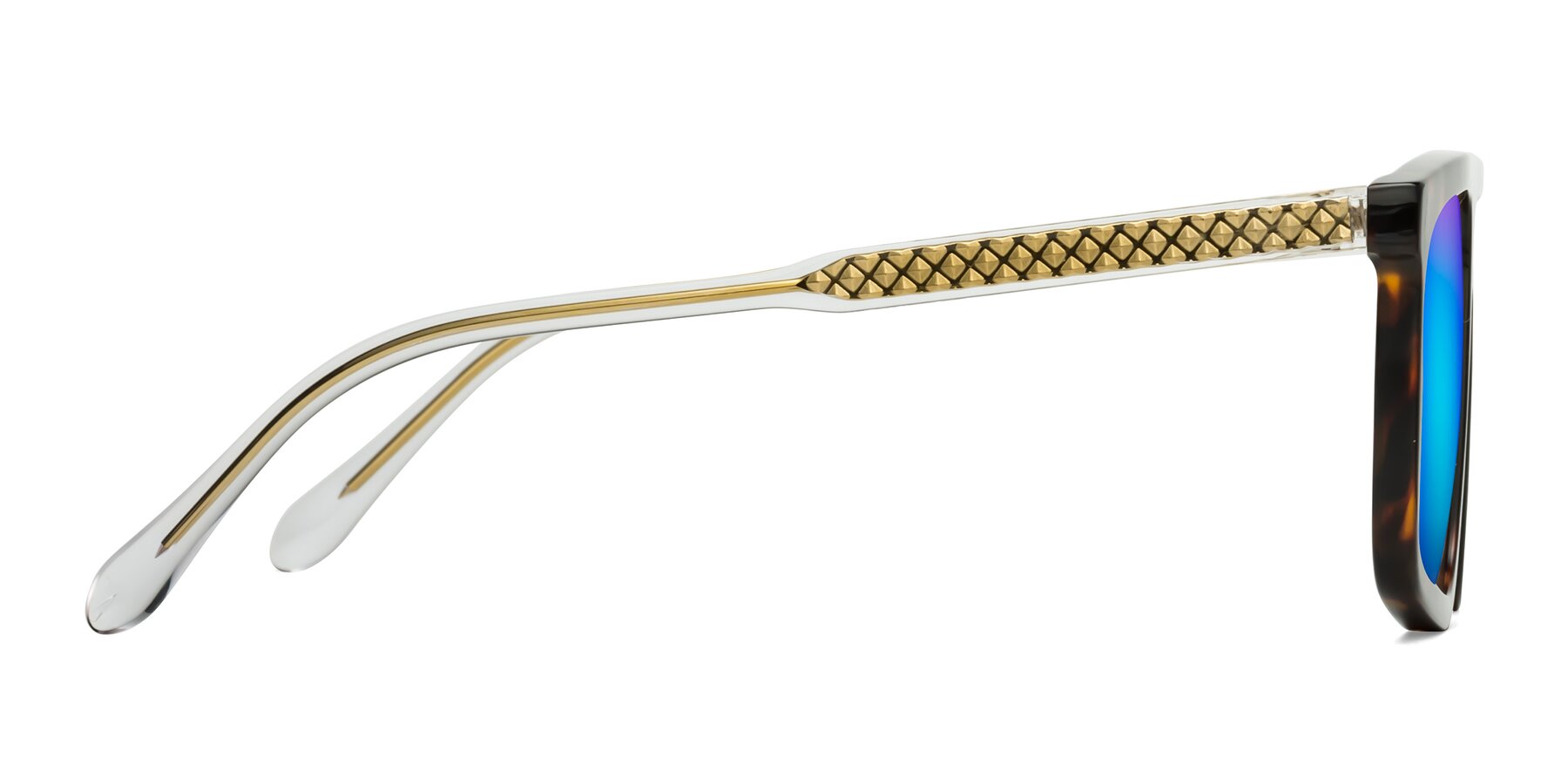 Side of Vazquez in Tortoise/Gold with Blue Mirrored Lenses