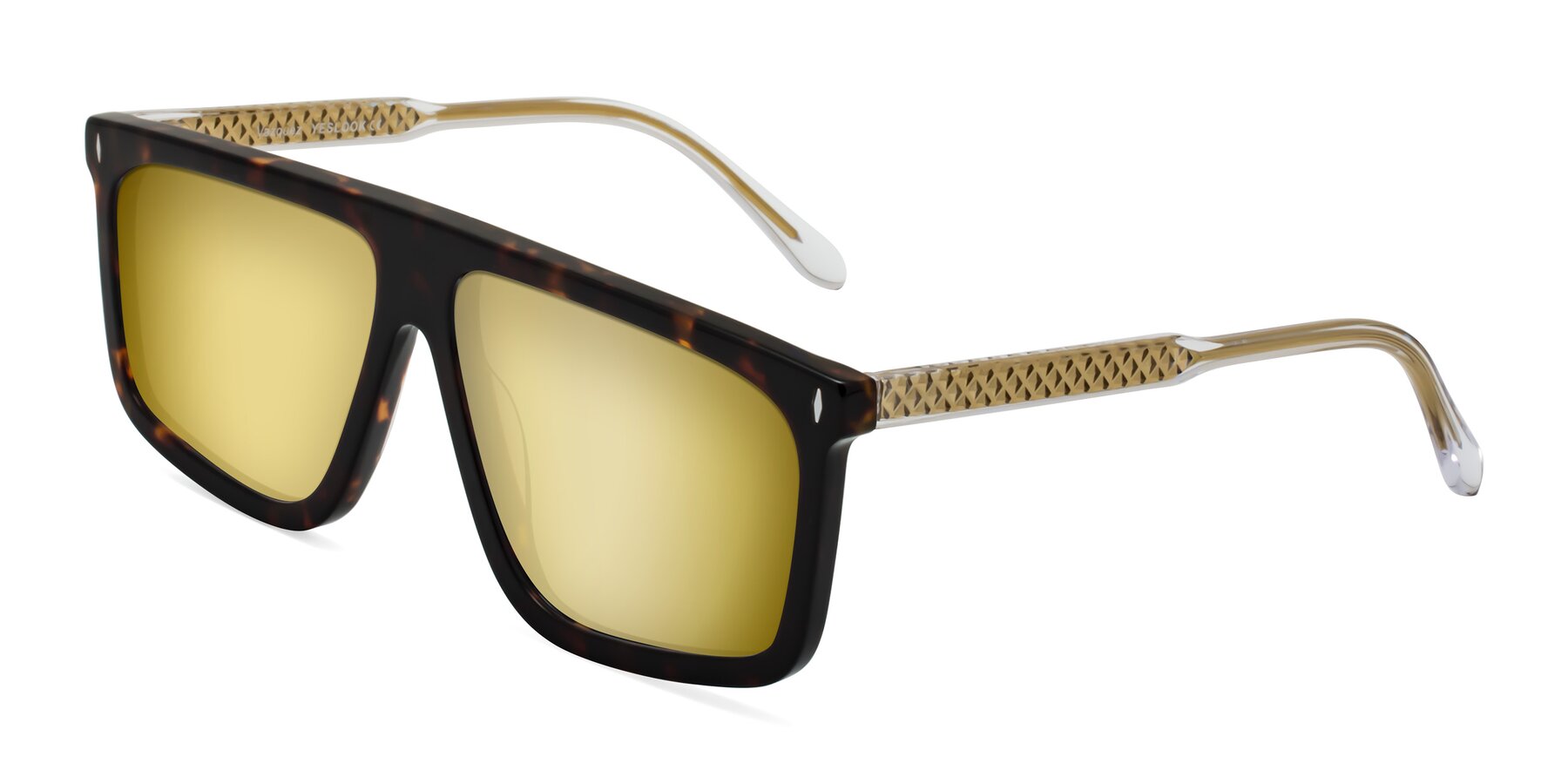 Angle of Vazquez in Tortoise/Gold with Gold Mirrored Lenses