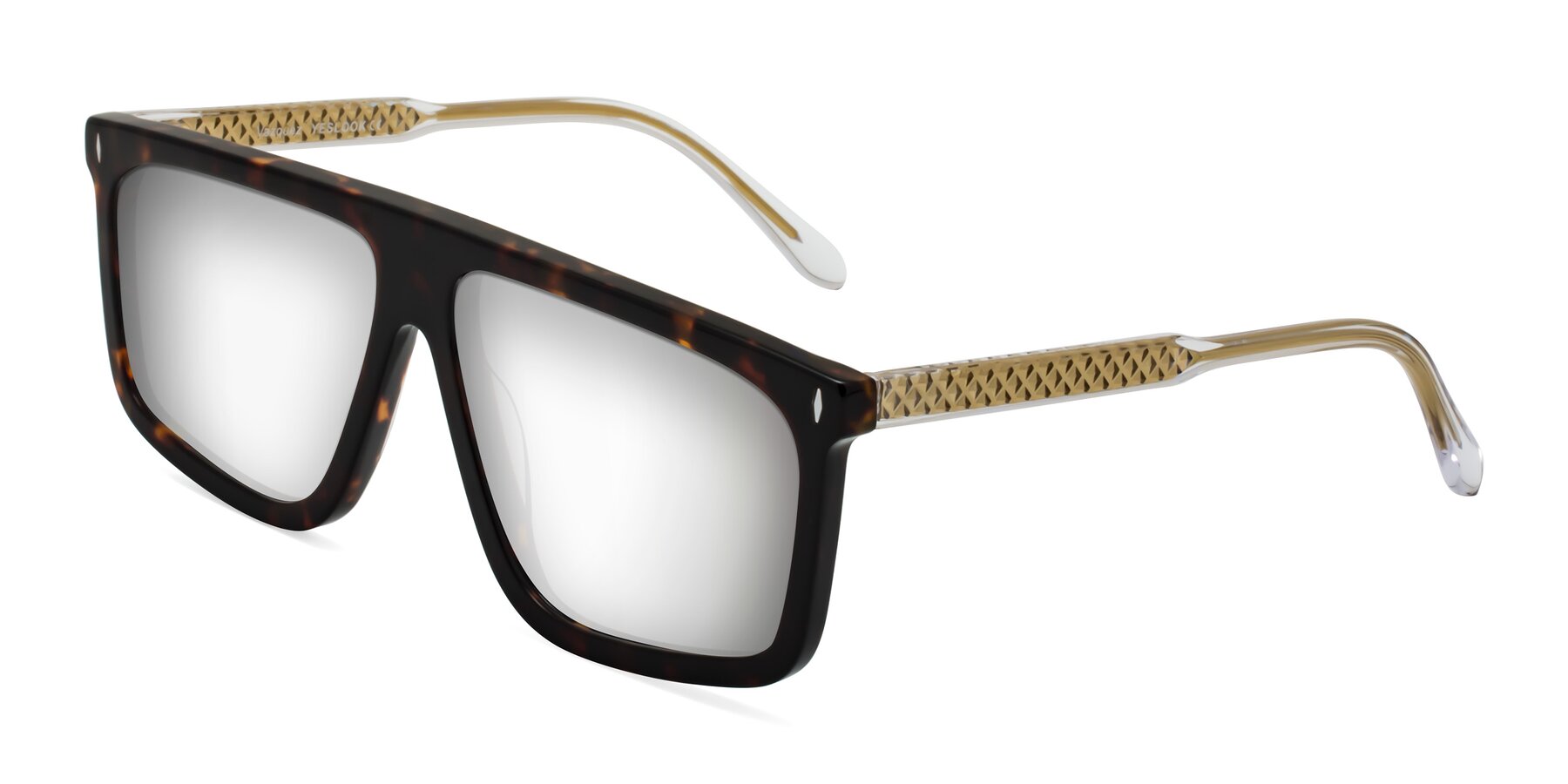Angle of Vazquez in Tortoise/Gold with Silver Mirrored Lenses