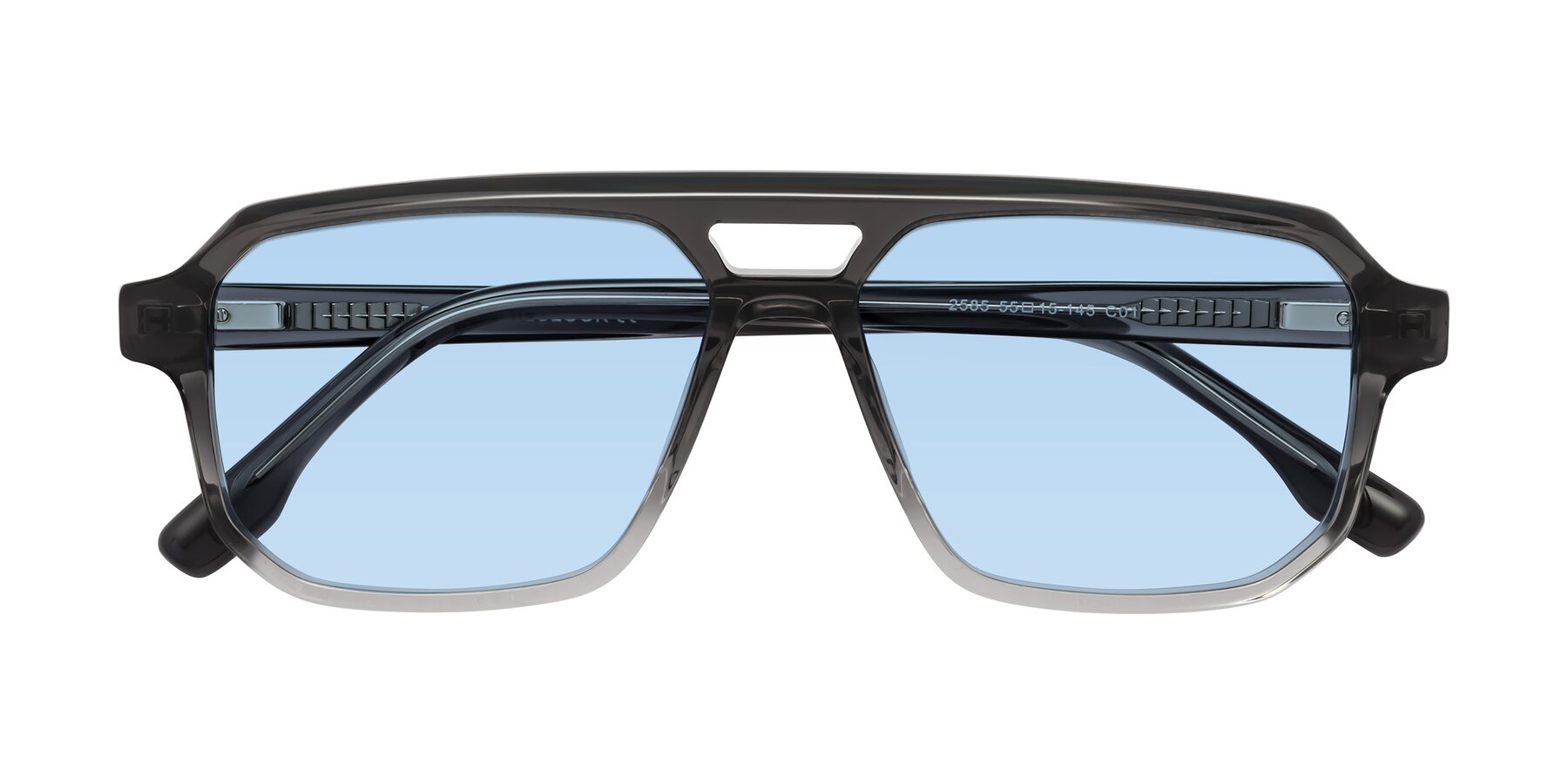Folded Front of DeMiko in Gradient Gray with Light Blue Tinted Lenses