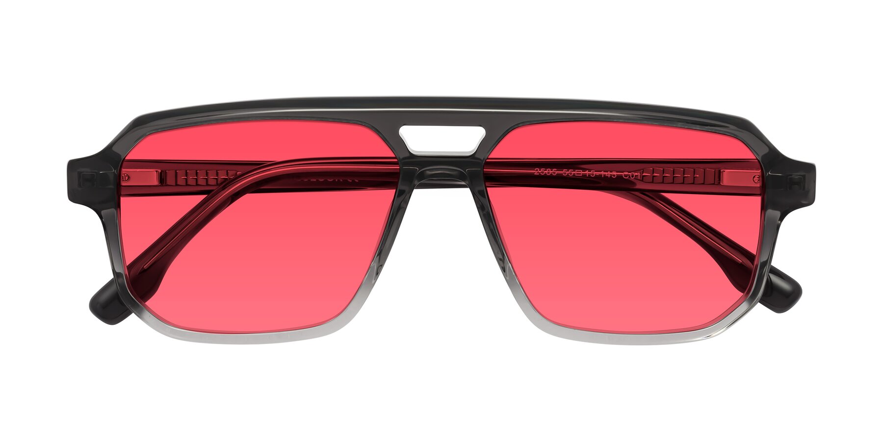 Folded Front of DeMiko in Gradient Gray with Red Tinted Lenses