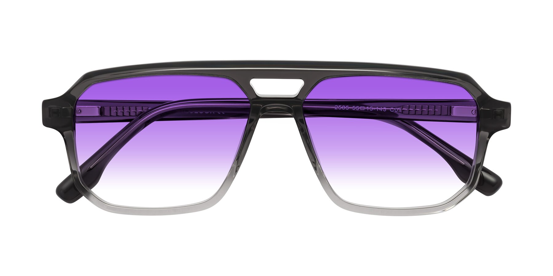 Folded Front of DeMiko in Gradient Gray with Purple Gradient Lenses