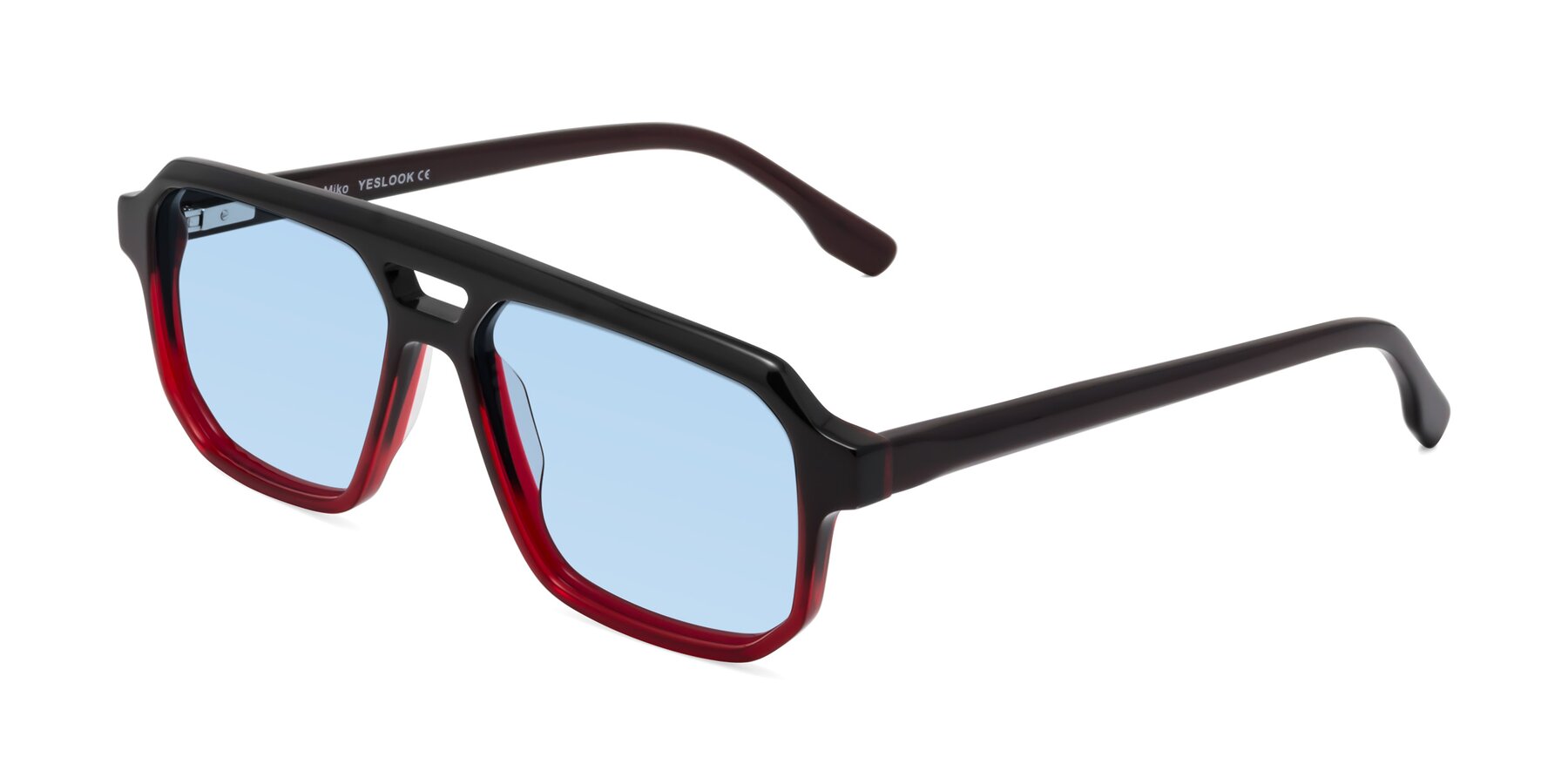 Angle of DeMiko in Gradient Wine with Light Blue Tinted Lenses