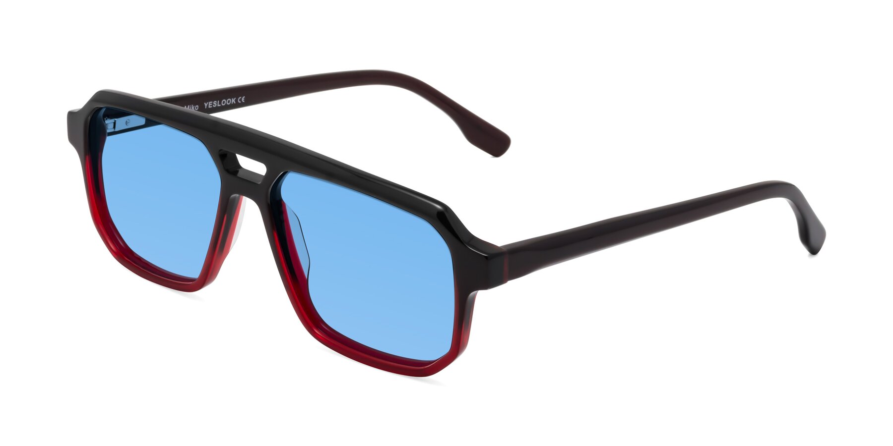 Angle of DeMiko in Gradient Wine with Medium Blue Tinted Lenses