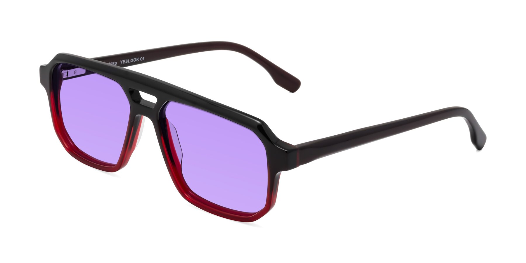 Angle of DeMiko in Gradient Wine with Medium Purple Tinted Lenses