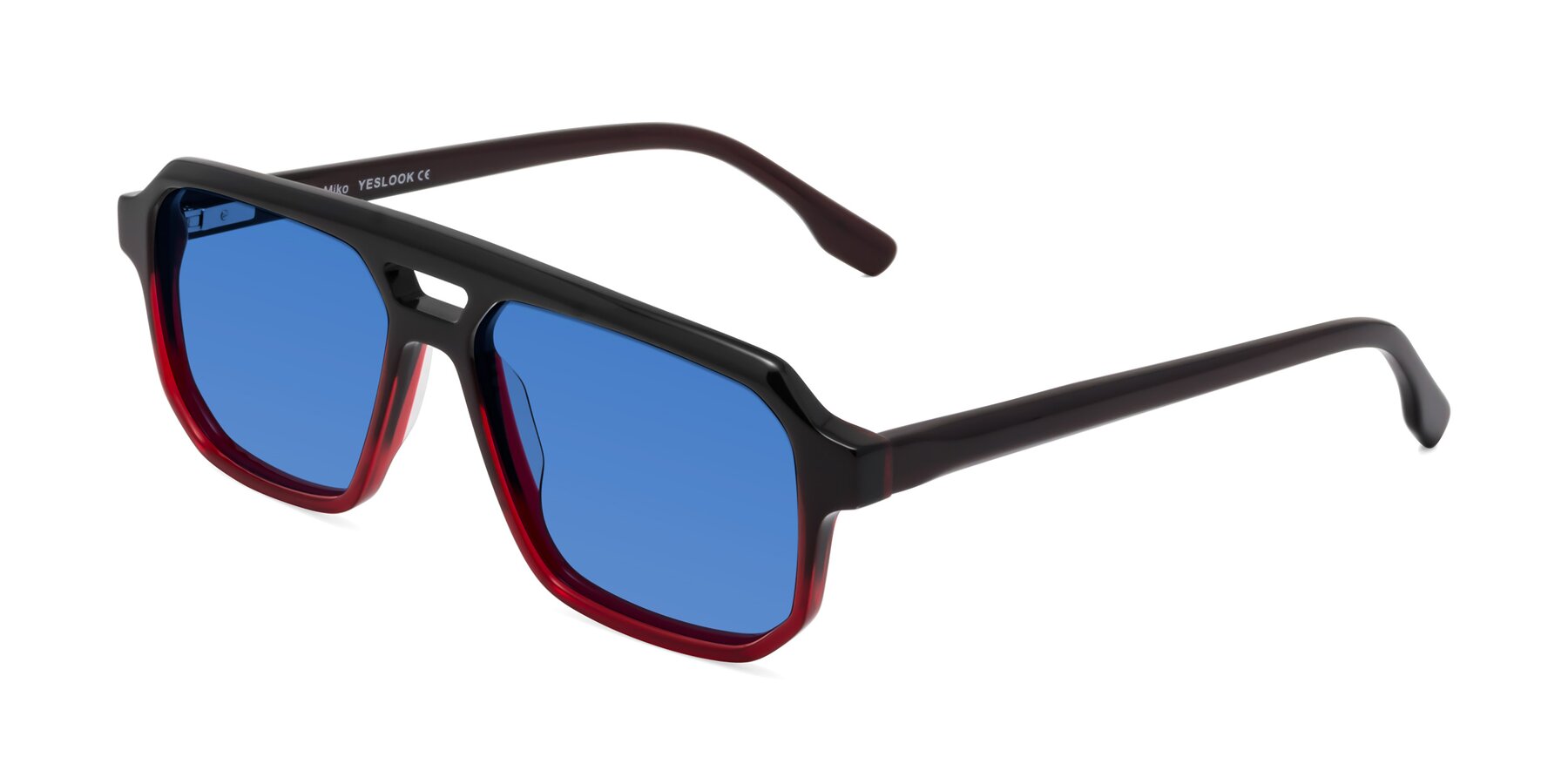 Angle of DeMiko in Gradient Wine with Blue Tinted Lenses