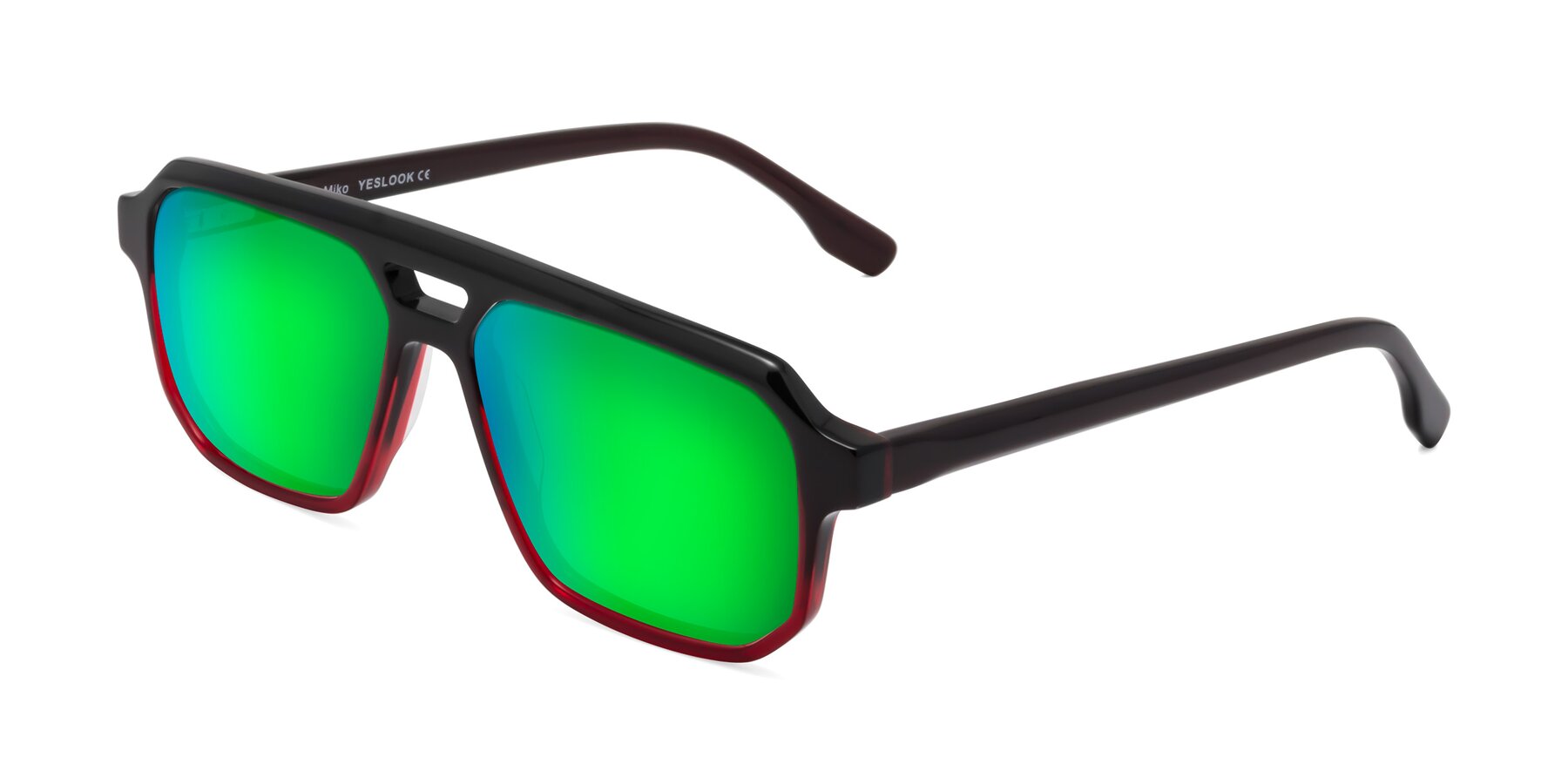 Angle of DeMiko in Gradient Wine with Green Mirrored Lenses