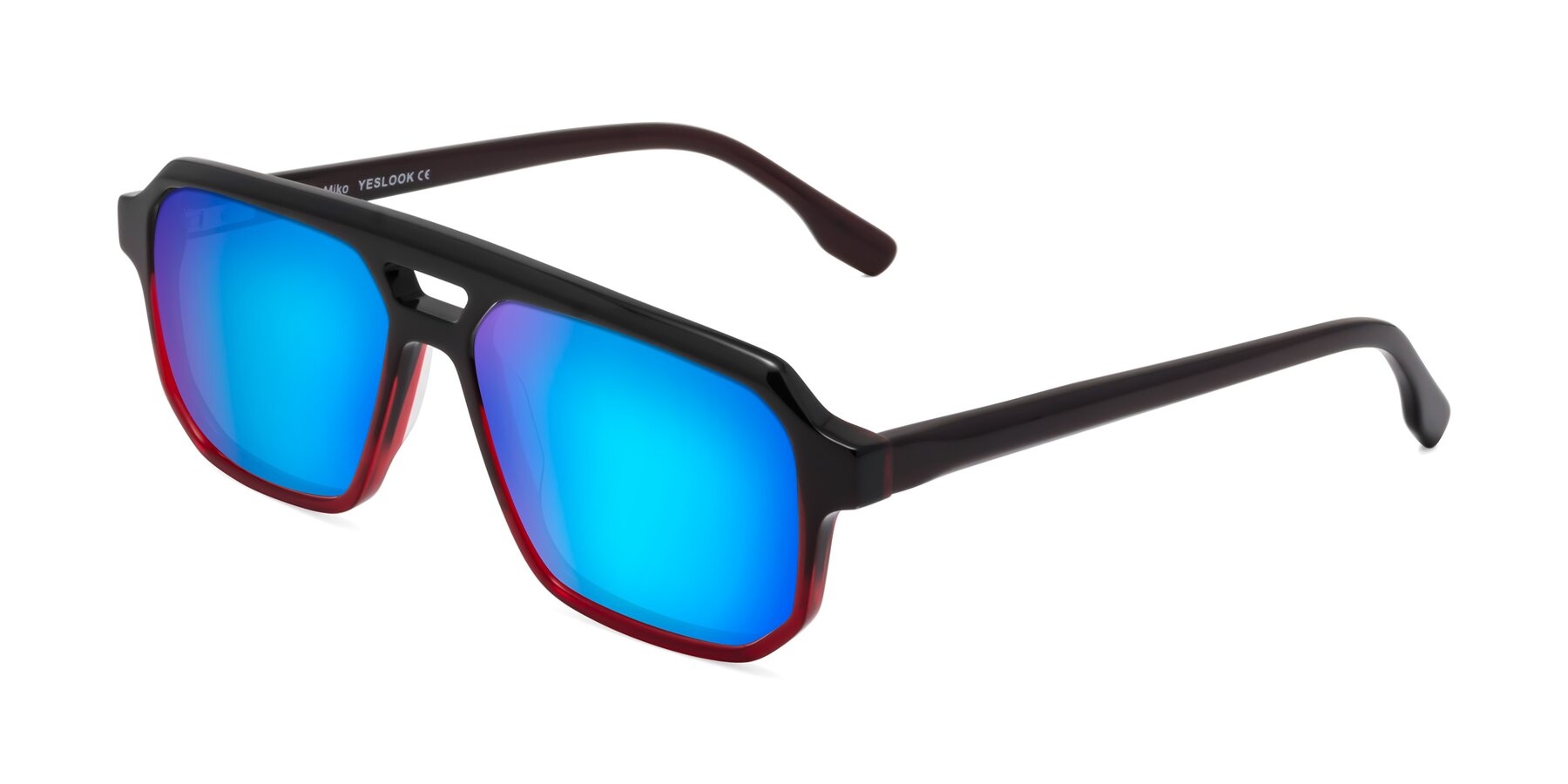 Angle of DeMiko in Gradient Wine with Blue Mirrored Lenses
