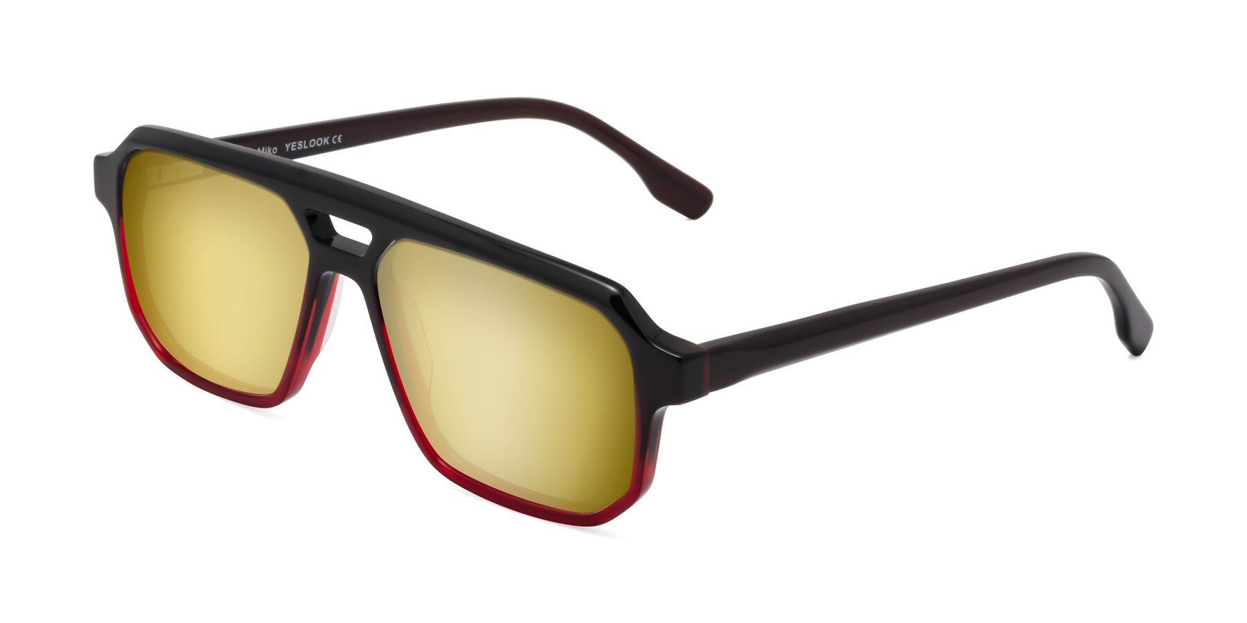 Angle of DeMiko in Gradient Wine with Gold Mirrored Lenses
