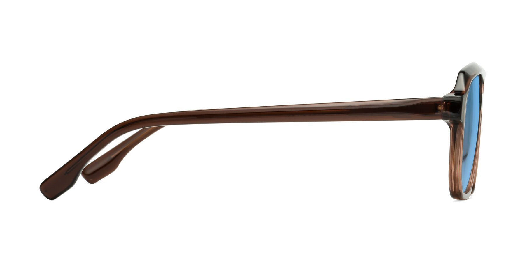 Side of DeMiko in Gradient Brown with Medium Blue Tinted Lenses